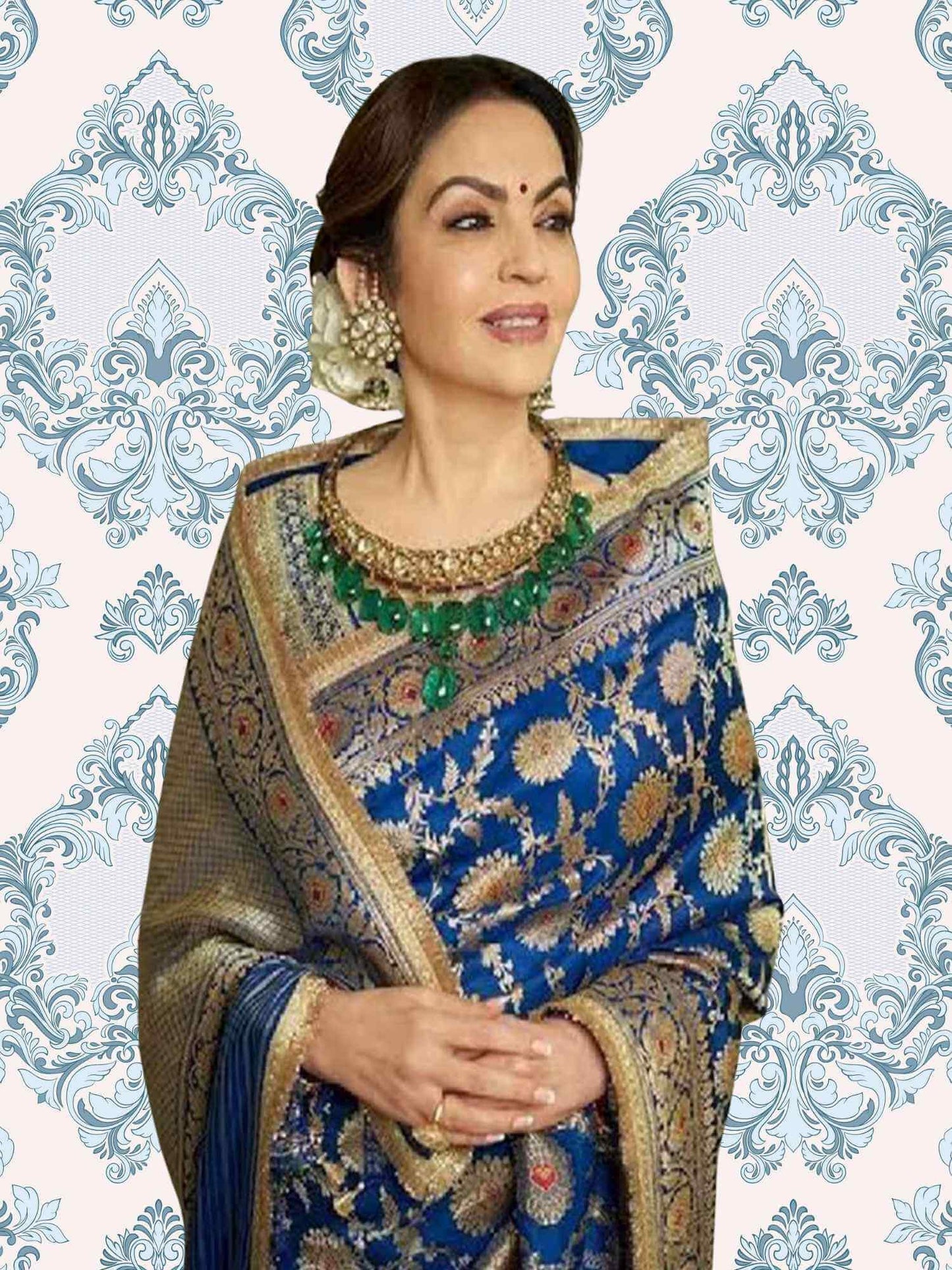 Nita Ambani in Admiral Blue Katan Silk Handwoven Banarasi Saree with Meenakari Design - Close-up