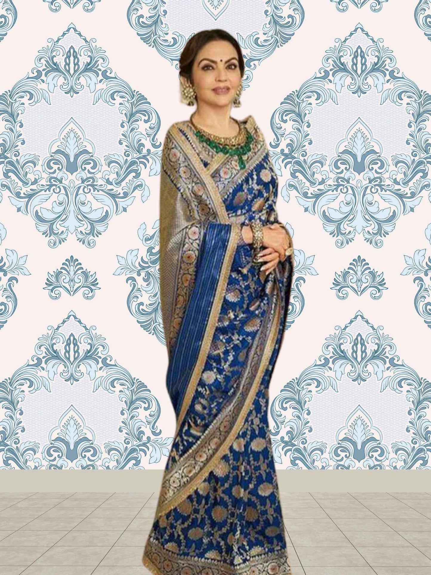 Nita Ambani in Admiral Blue Katan Silk Handwoven Banarasi Saree with Meenakari Design - Full View