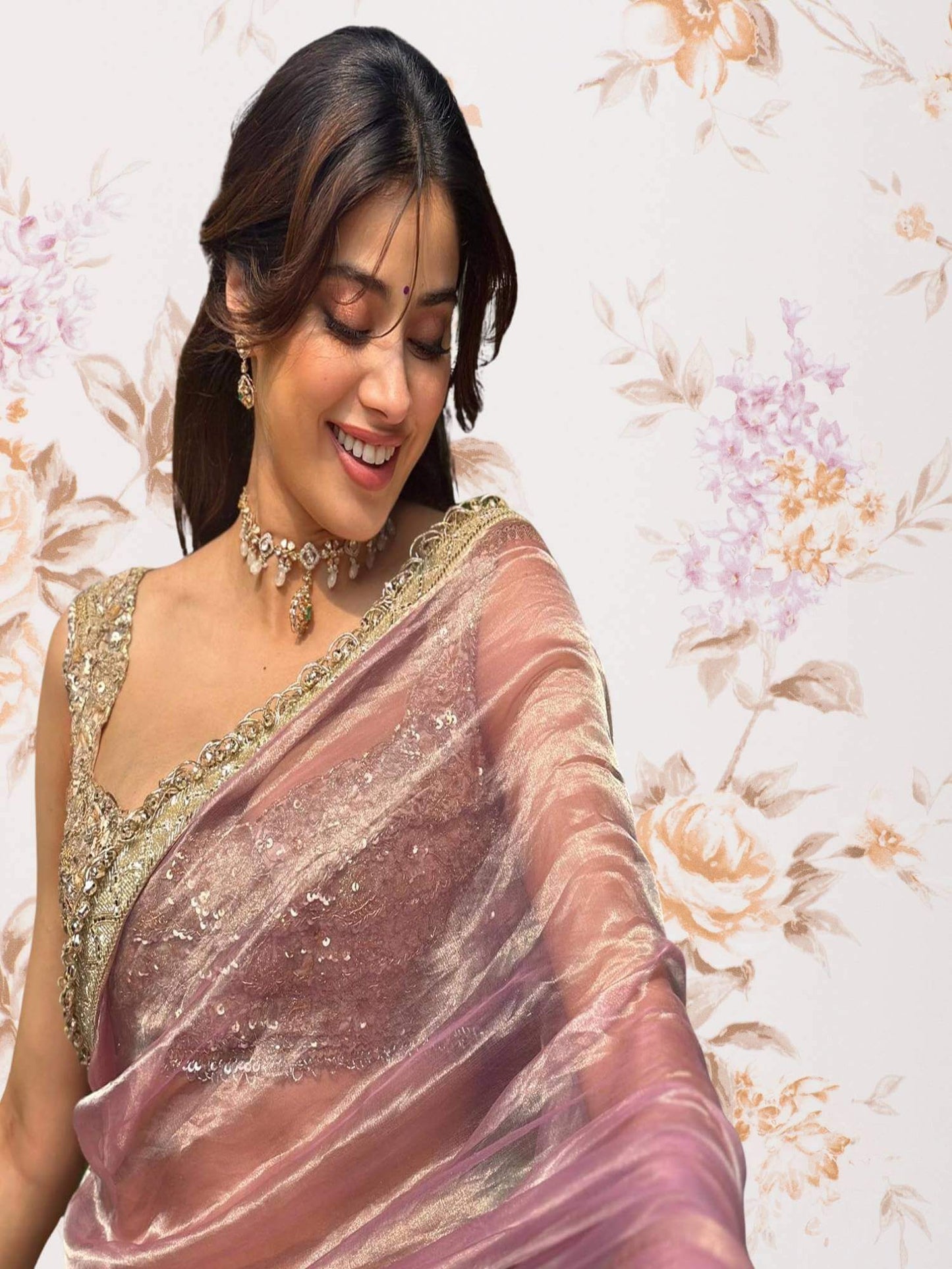 Janhvi Kapoor in Pinkish Purple Handwoven Banarasi Tissue Silk Saree - Close-up