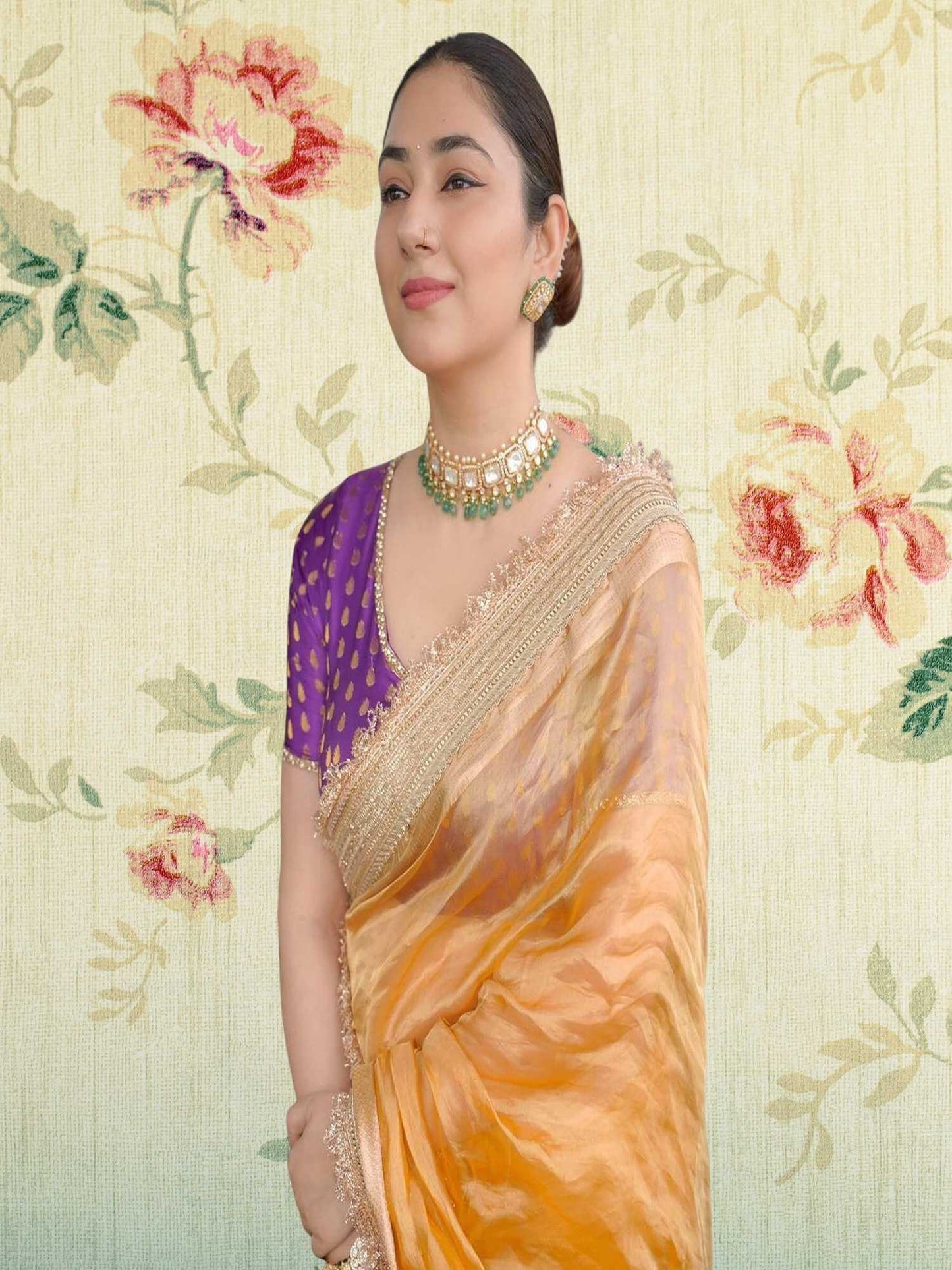 Disha Parmar in Luxury Golden Handwoven Banarasi Tissue Silk Saree - Close-up