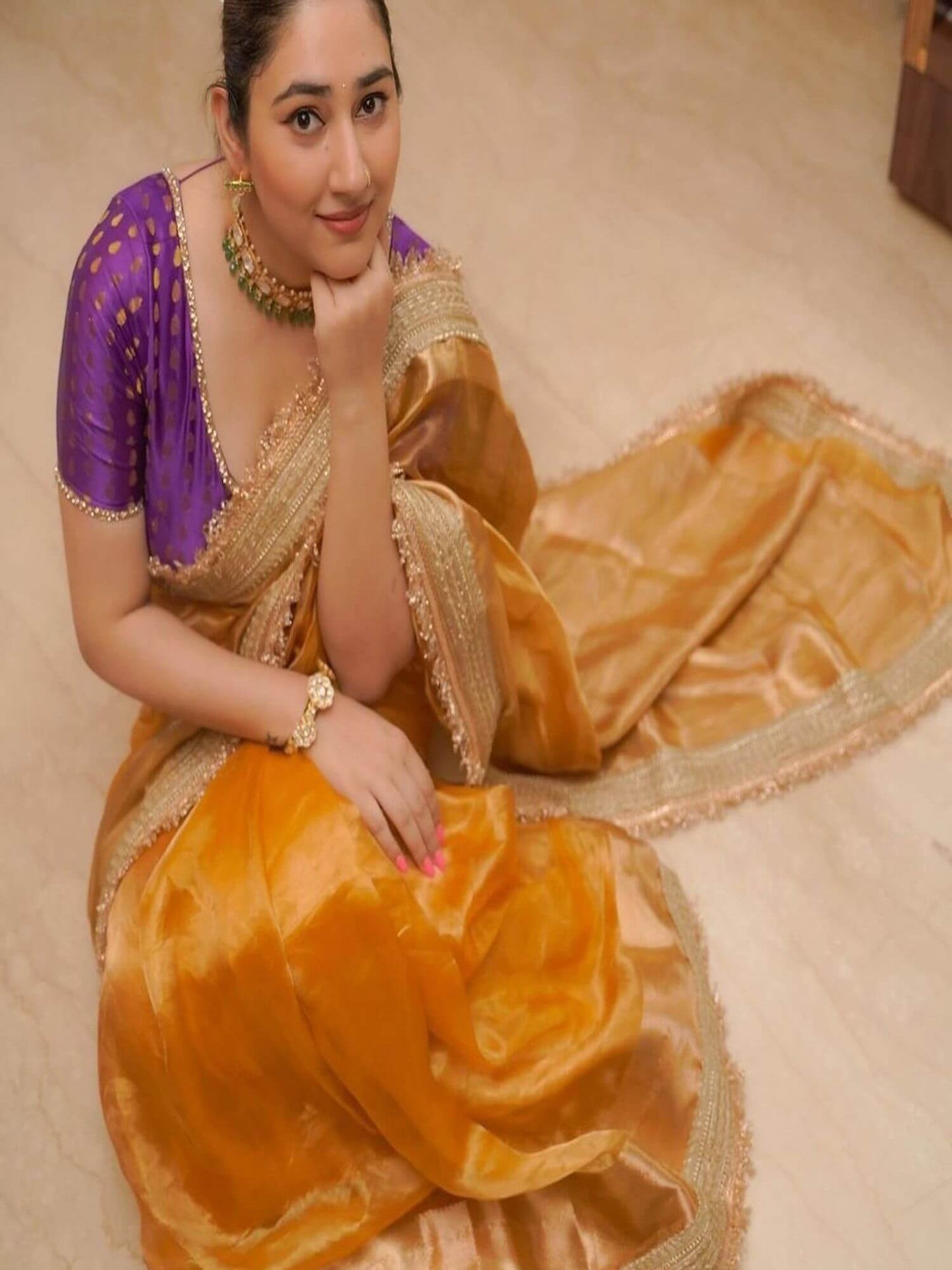 Golden Pure Tissue Silk Banarasi Handloom Saree Inspired by Disha Parmar