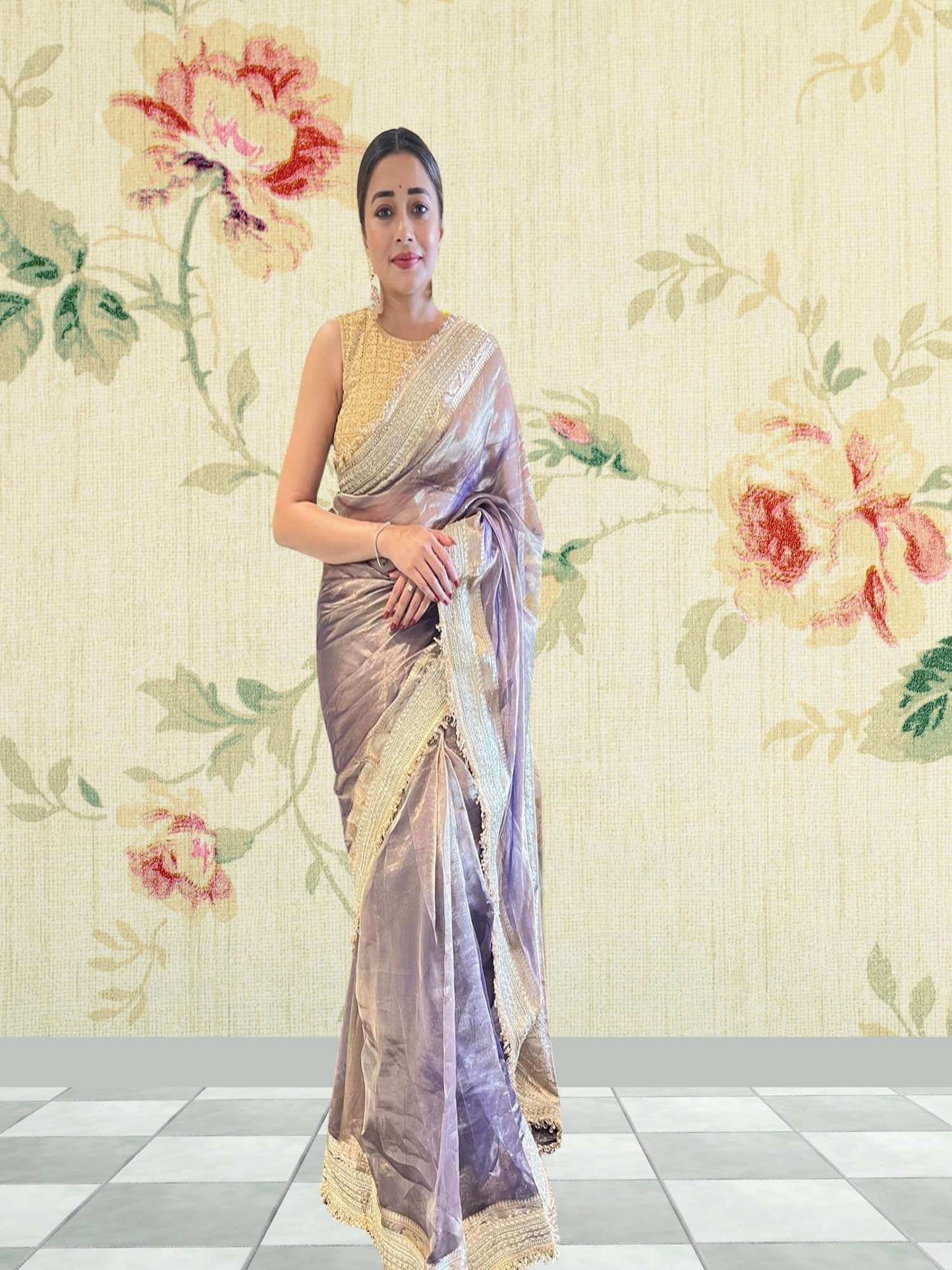Tina Datta in Luxury Pastel Purple Handwoven Banarasi Tissue Silk Saree - Full View