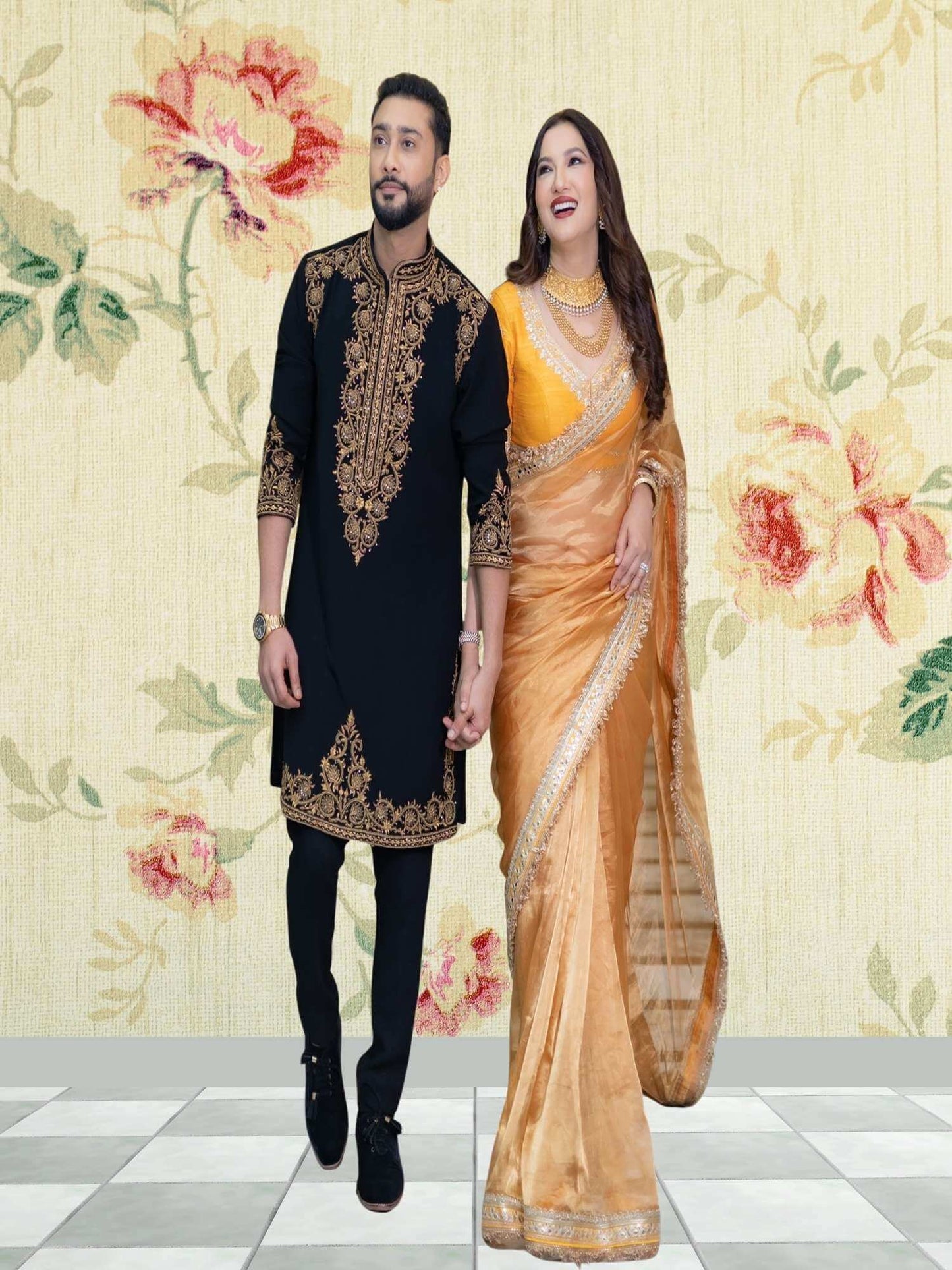 Gauahar Khan in Luxury Tuscany Yellow Handwoven Banarasi Tissue Silk Saree - Full View