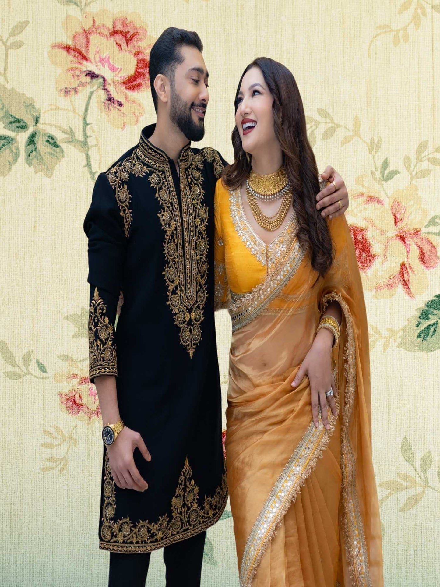 Gauahar Khan in Luxury Tuscany Yellow Handwoven Banarasi Tissue Silk Saree - Close-up