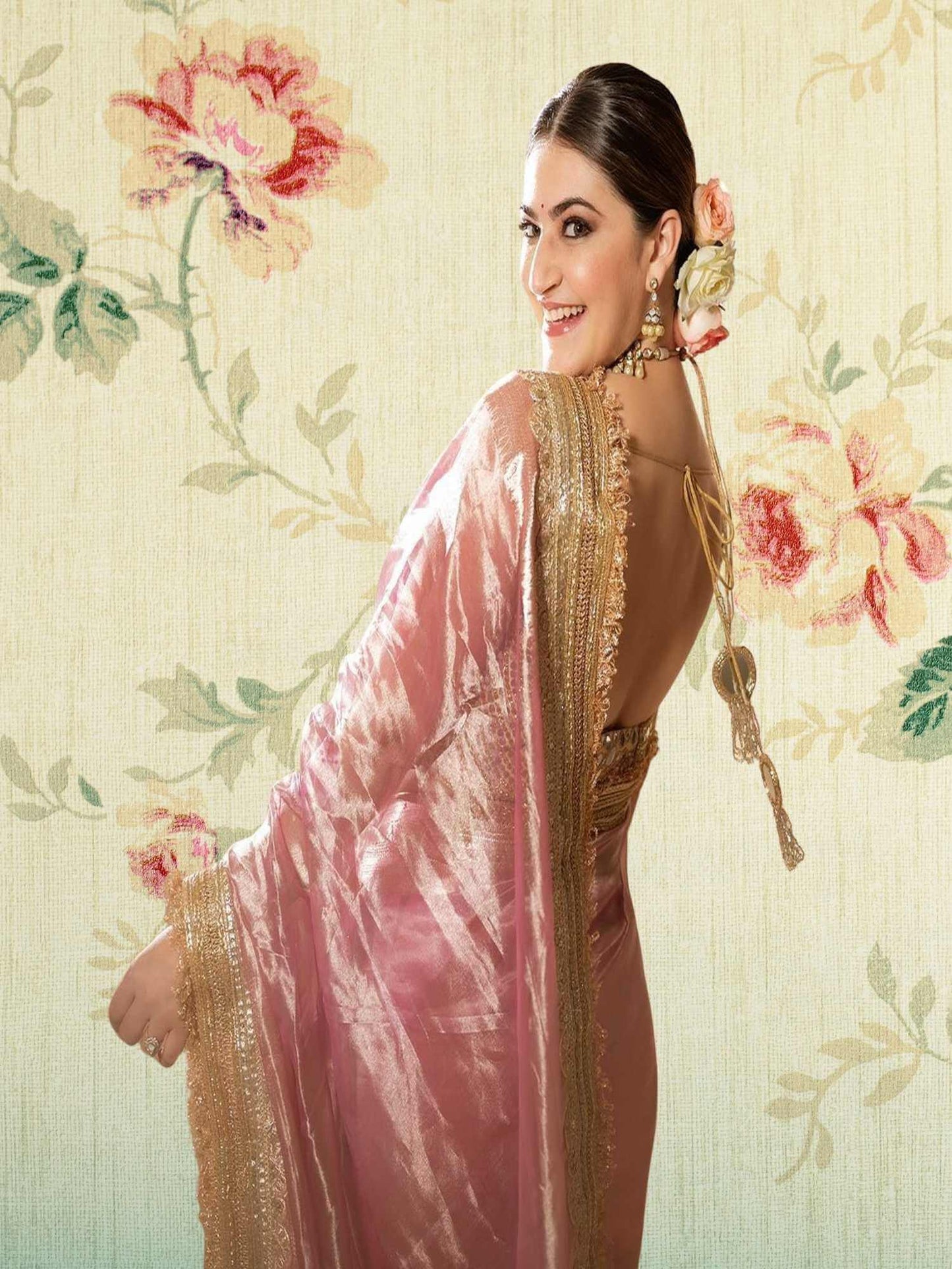 Shivaleeka Obero in Luxury Candy Floss Handwoven Banarasi Tissue Silk Saree - Side View