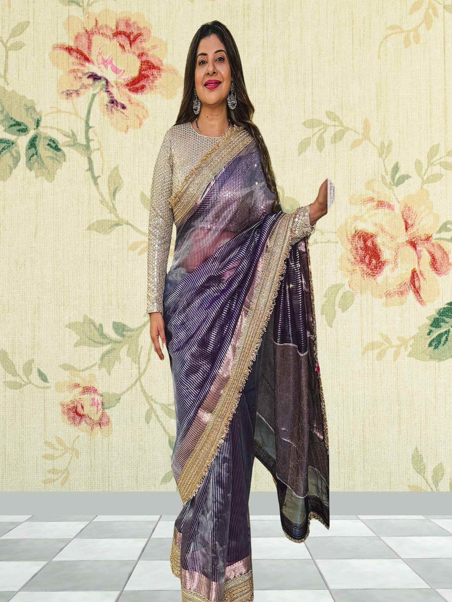 Sambhavna Seth in Luxury Royal Blue Handwoven Banarasi Tissue Silk Saree - Full View