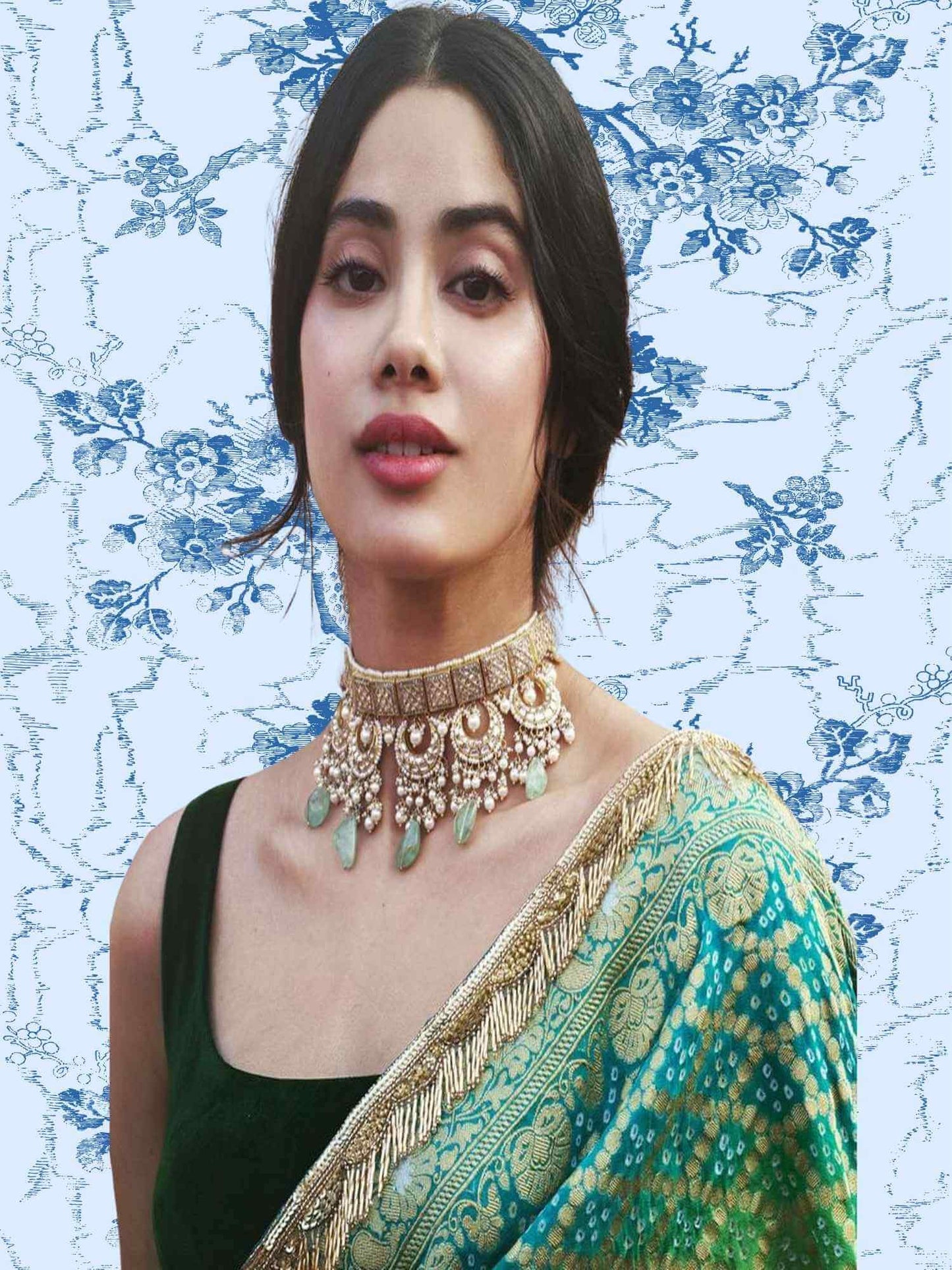 Green Khaddi Georgette Water Zari Bandhani Banarasi Handloom Saree Inspired by Janhvi Kapoor