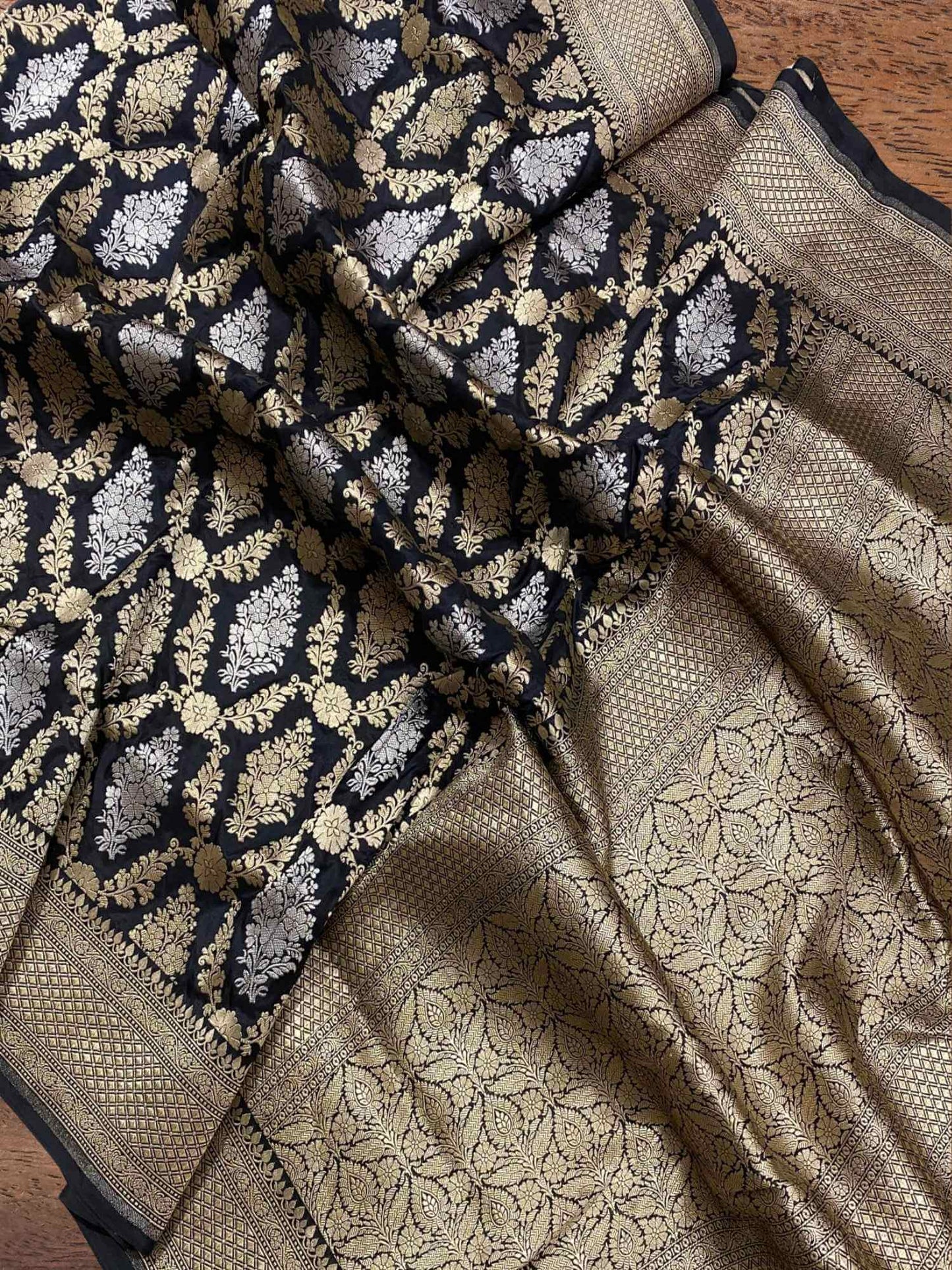 Charcoal Black Katan Silk Handwoven Banarasi Saree with Sona Roopa Work - Zari Work Close-up