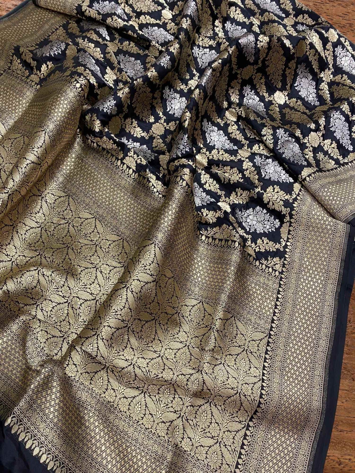 Charcoal Black Katan Silk Handwoven Banarasi Saree with Sona Roopa Work
