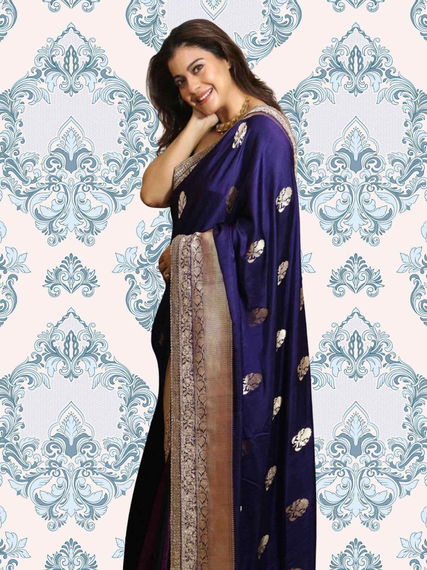Kajol in Indigo Blue Mashruf Silk Kadhua Weaving Handwoven Banarasi Saree - Side View