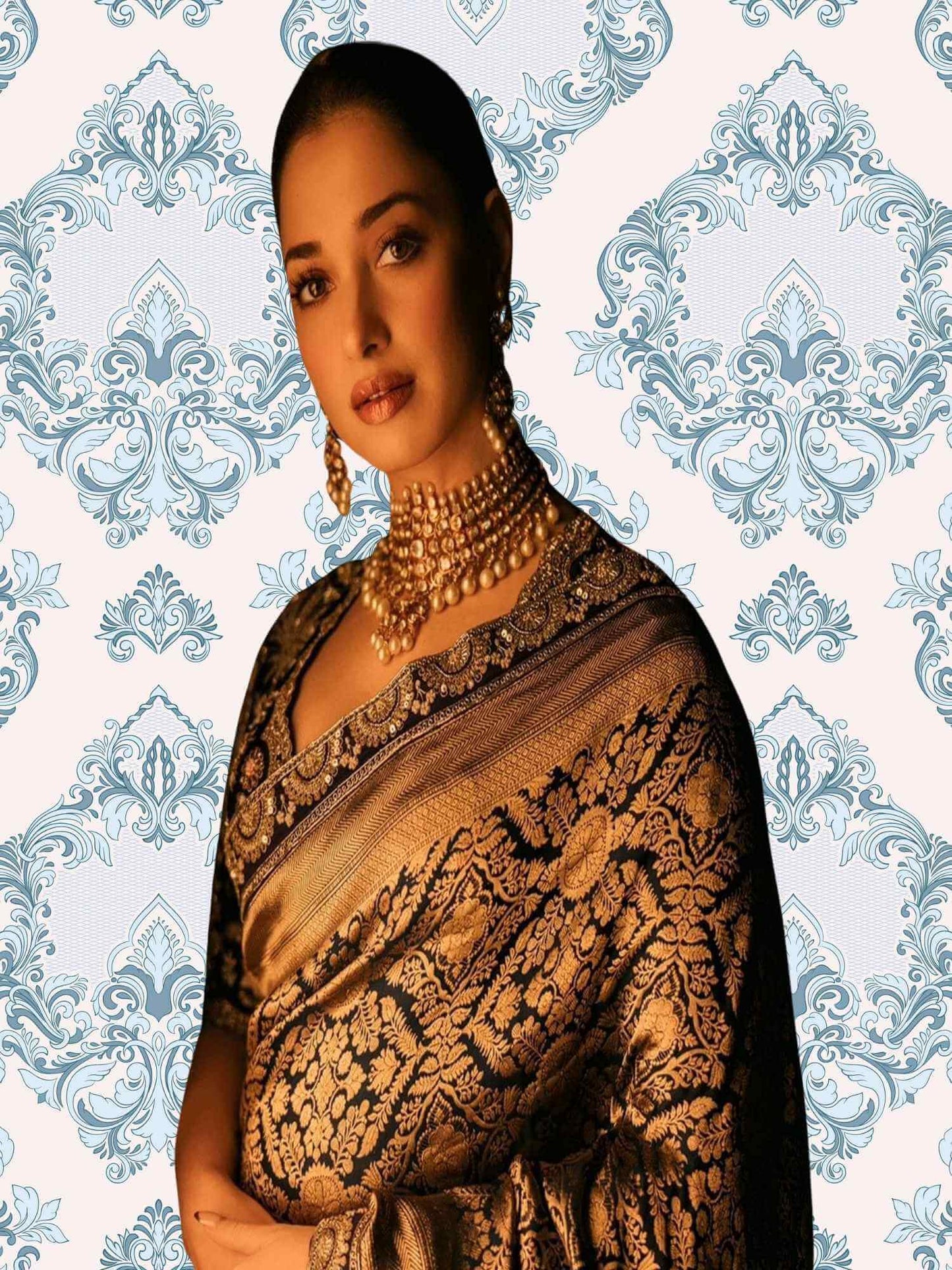 Tamannaah Bhatia in Black Katan Uppada Silk Handwoven Banarasi Saree with Meenakari Design - Close-up