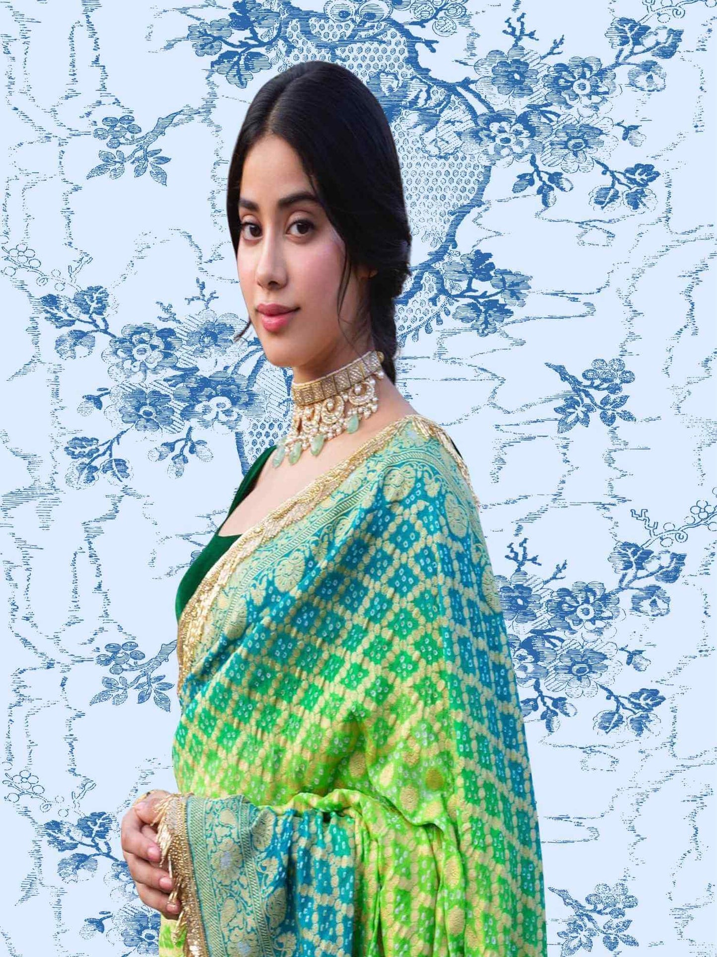 Green Khaddi Georgette Water Zari Bandhani Banarasi Handloom Saree Inspired by Janhvi Kapoor