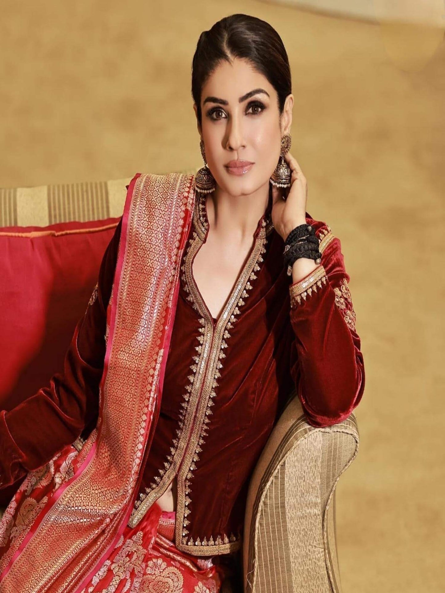 Maroon Katan Silk Water Zari Banarasi Handloom Saree Inspired by Raveena Tandon