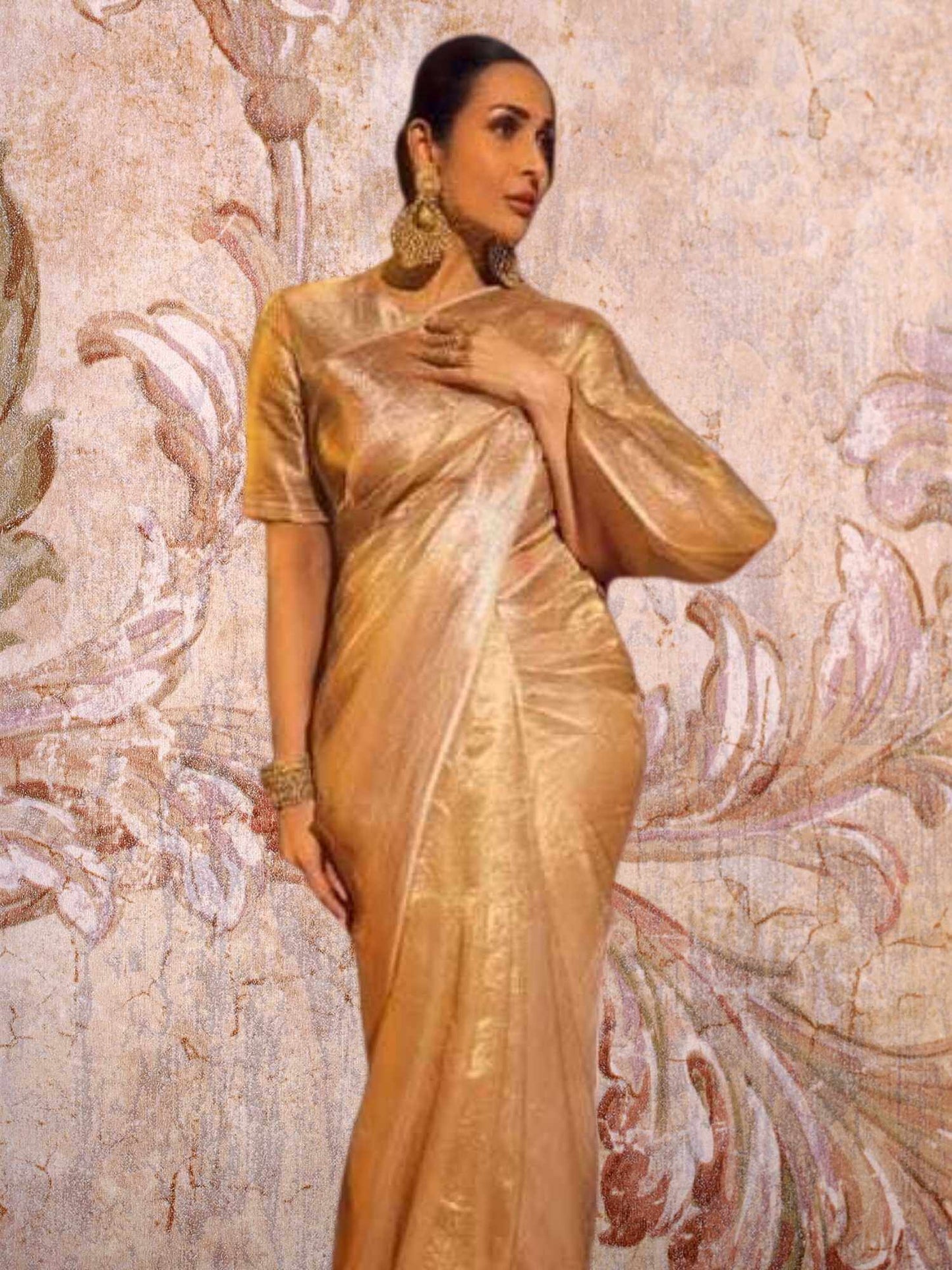 Light Gold Pure Tissue Silk Banarasi Handloom Saree Inspired by Malaika Arora