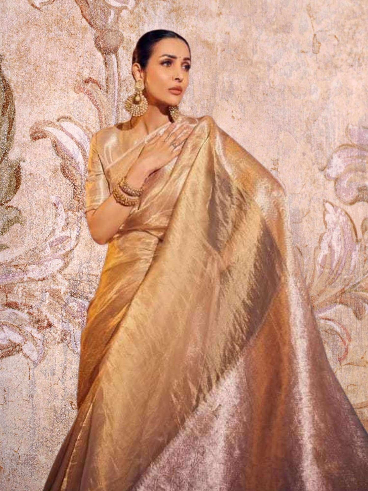 Malaika Arora in Luxury Light Gold Handwoven Banarasi Tissue Silk Saree