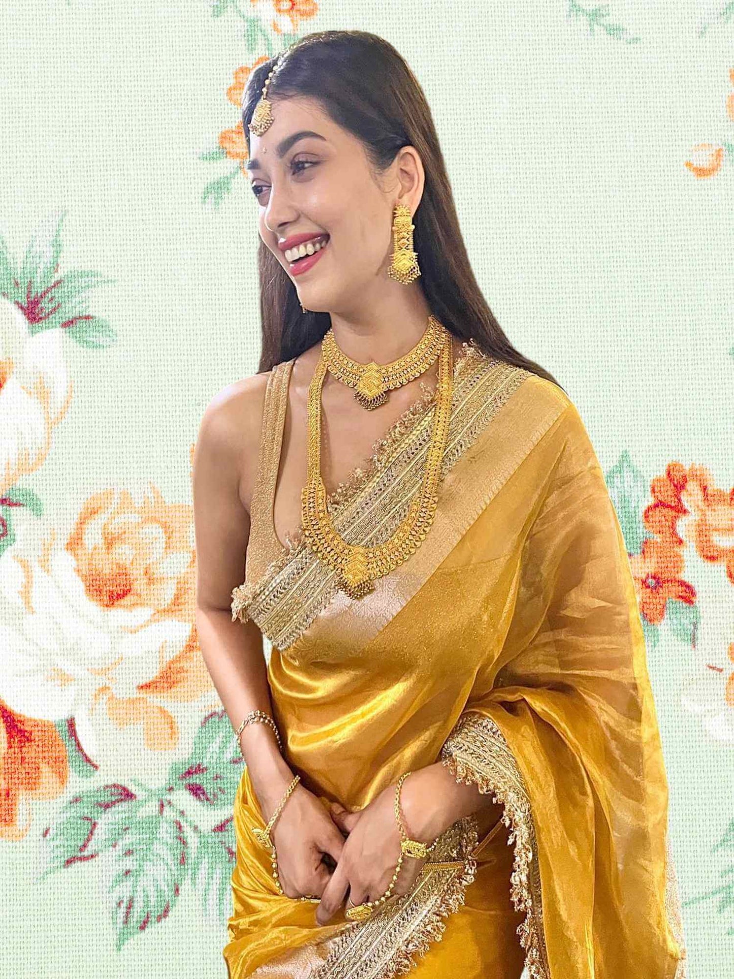Digangana Suryavanshi in Luxury Canary yellow Handwoven Banarasi Tissue Silk Saree - Side View