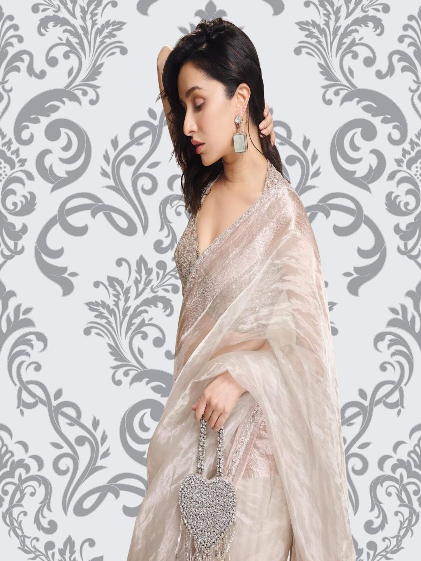 Shraddha Kapoor in Luxury Silver Handwoven Banarasi Tissue Silk Saree - Side View