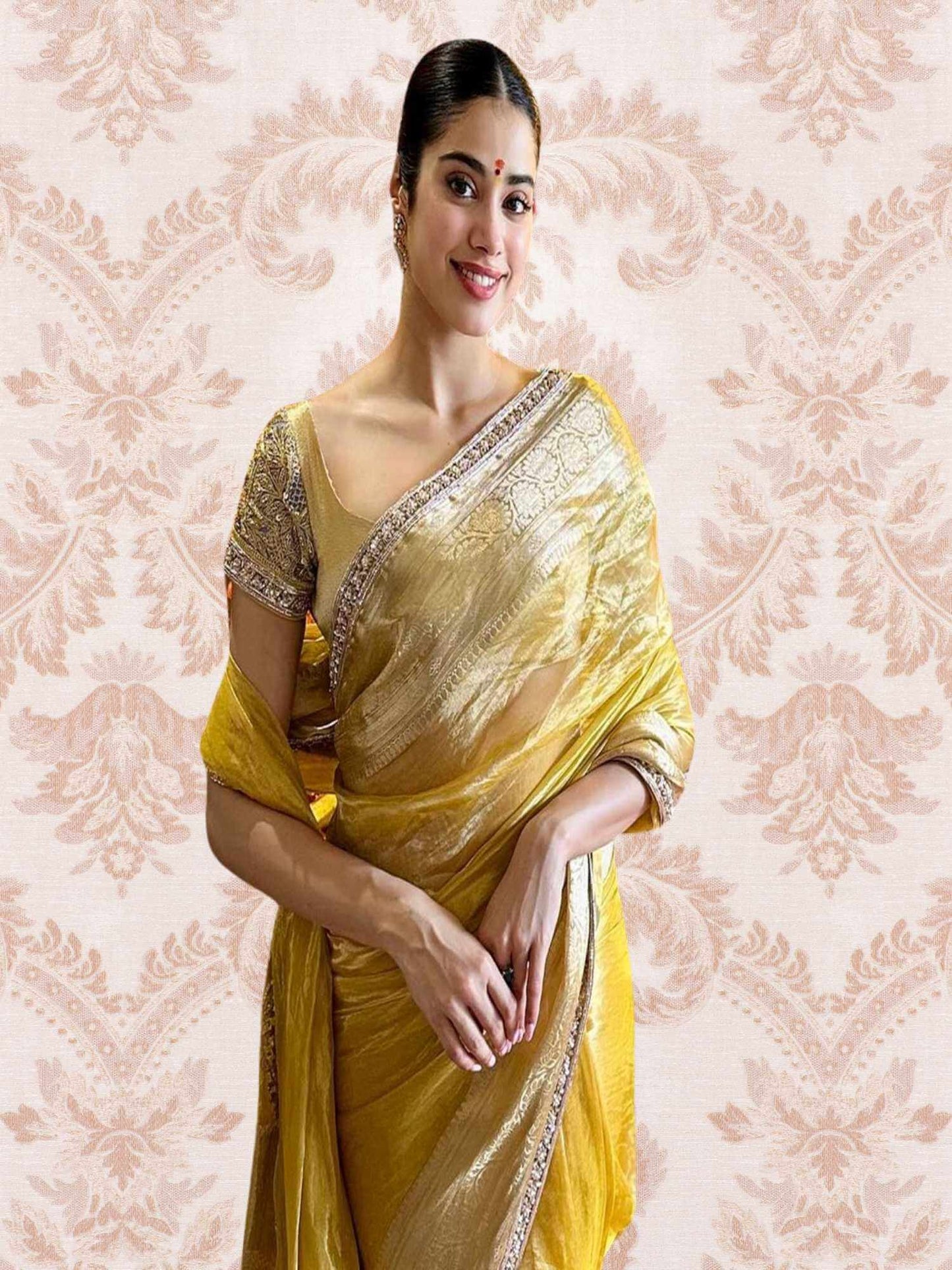 Janhvi Kapoor in Luxury Golden Yellow Handwoven Banarasi Tissue Silk Saree - Front View