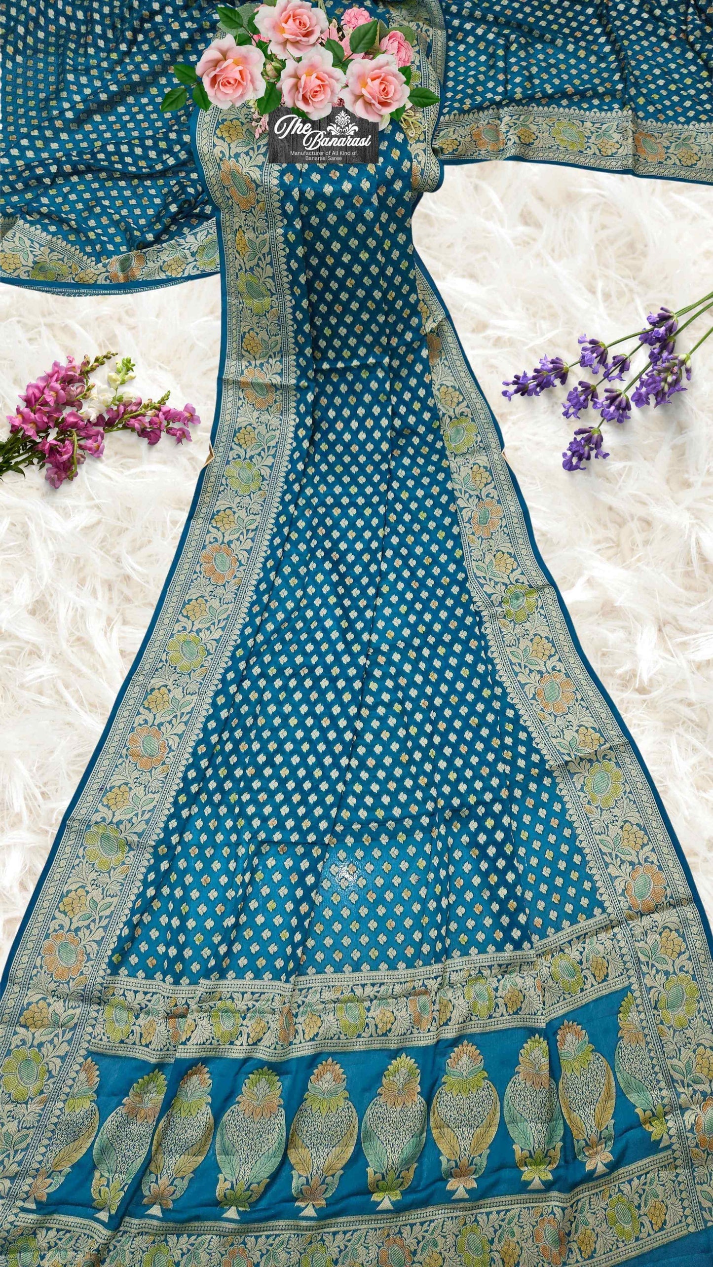 Lightweight Teal Handloom Chiffon Hand Brush Banarasi Saree - Full View