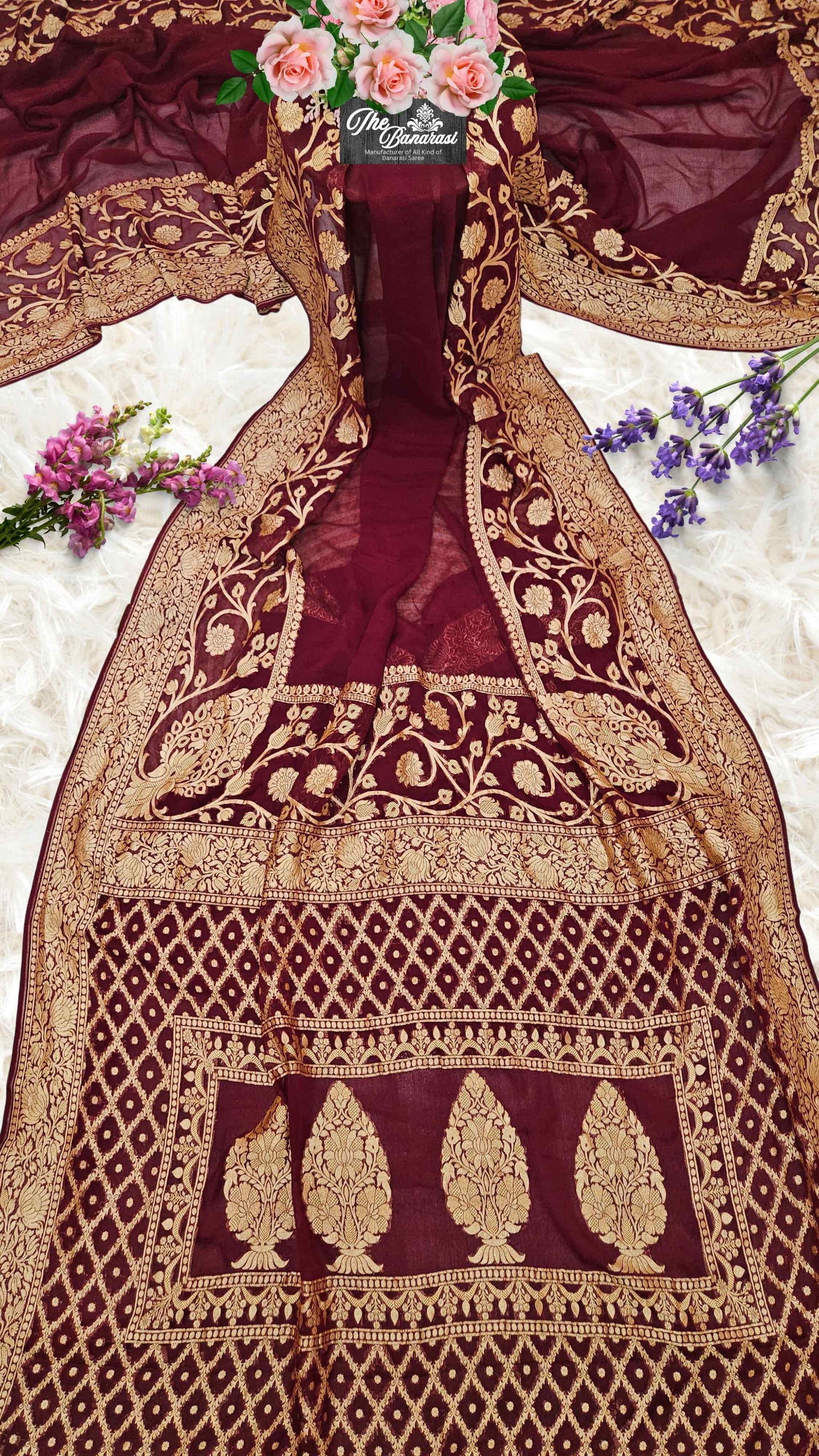 Lightweight Dark Maroon Handloom Chiffon Banarasi Saree with Gold Zari Work - Full View