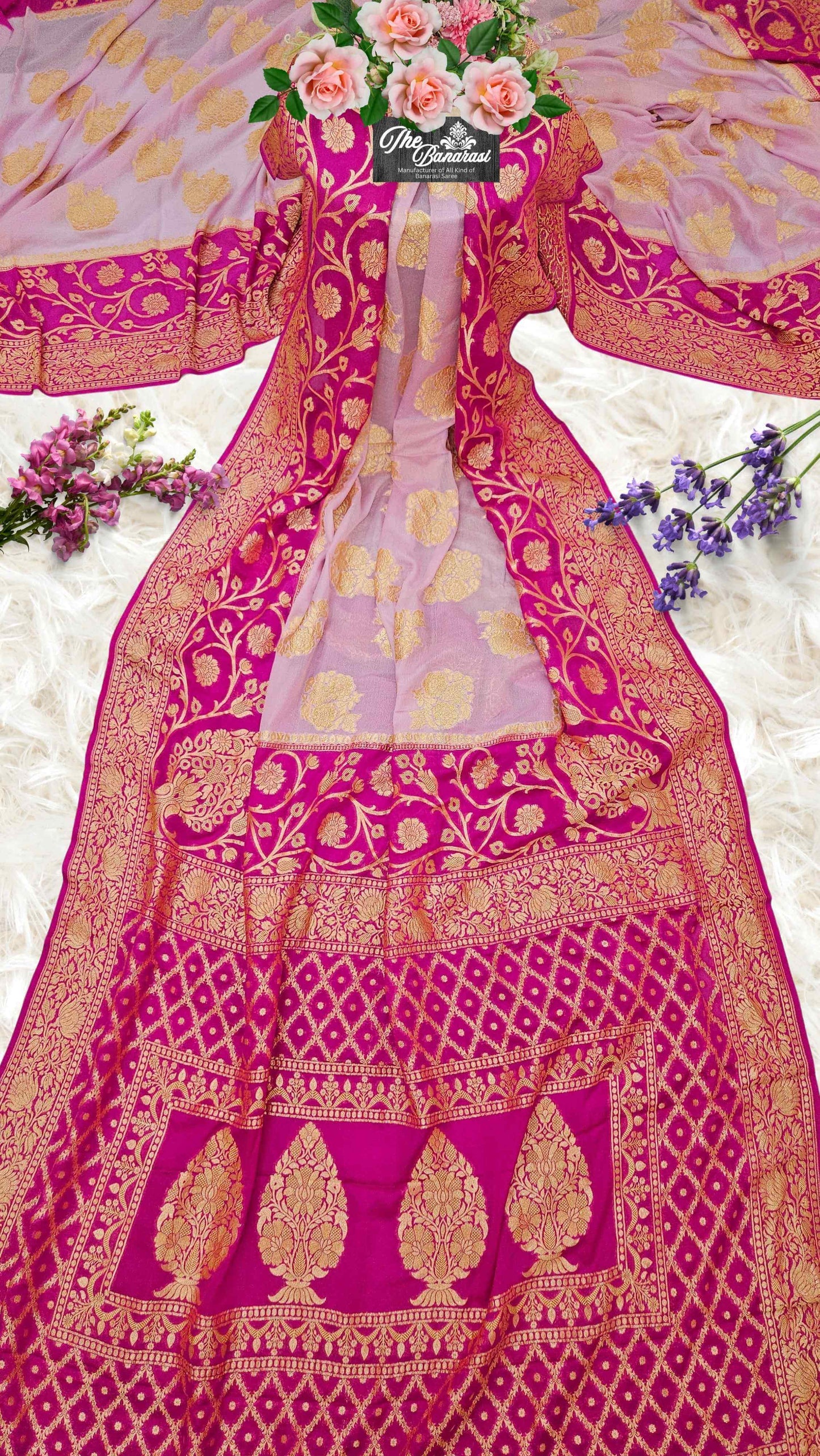 Lightweight 2D Shade Handloom Chiffon Banarasi Saree with Gold Zari Work - Full View