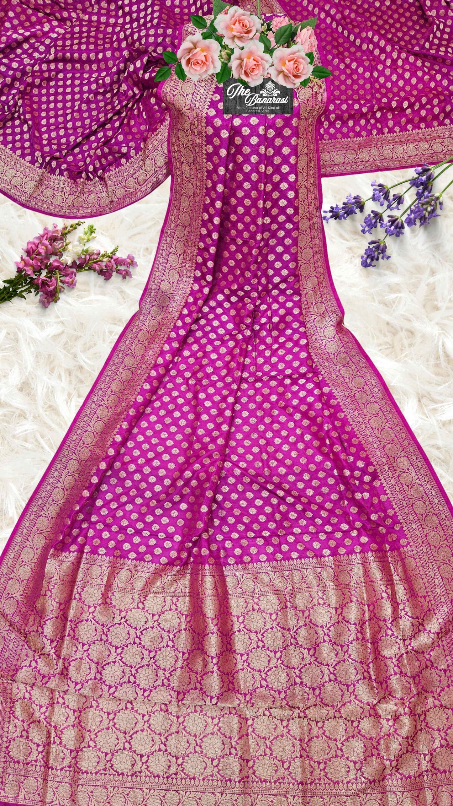 Magenta Katan Silk Handwoven Banarasi Saree with Water Zari Work - Full View