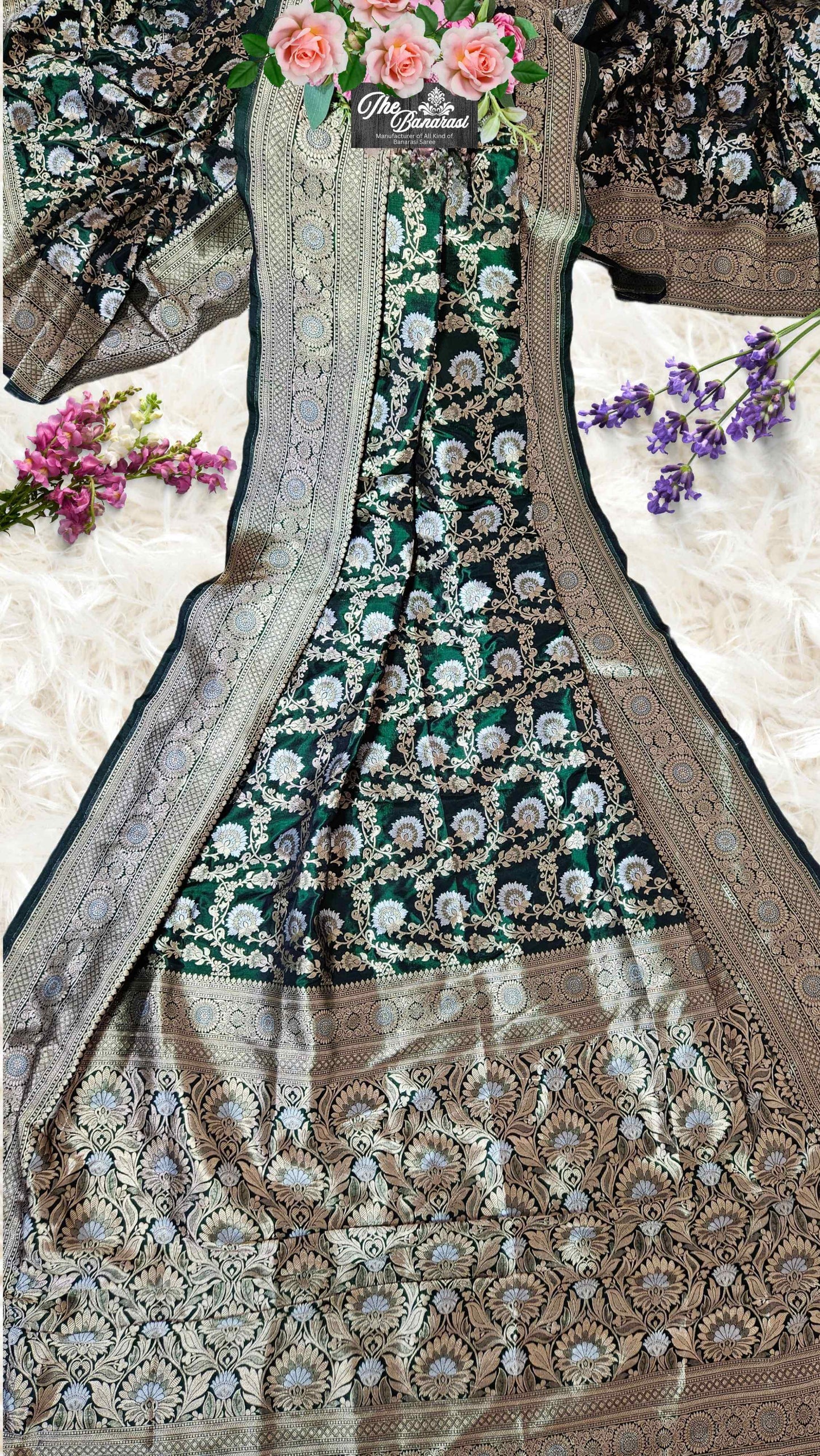 Forest Green Katan Silk Handwoven Banarasi Saree with Sona Roopa Work - Full View