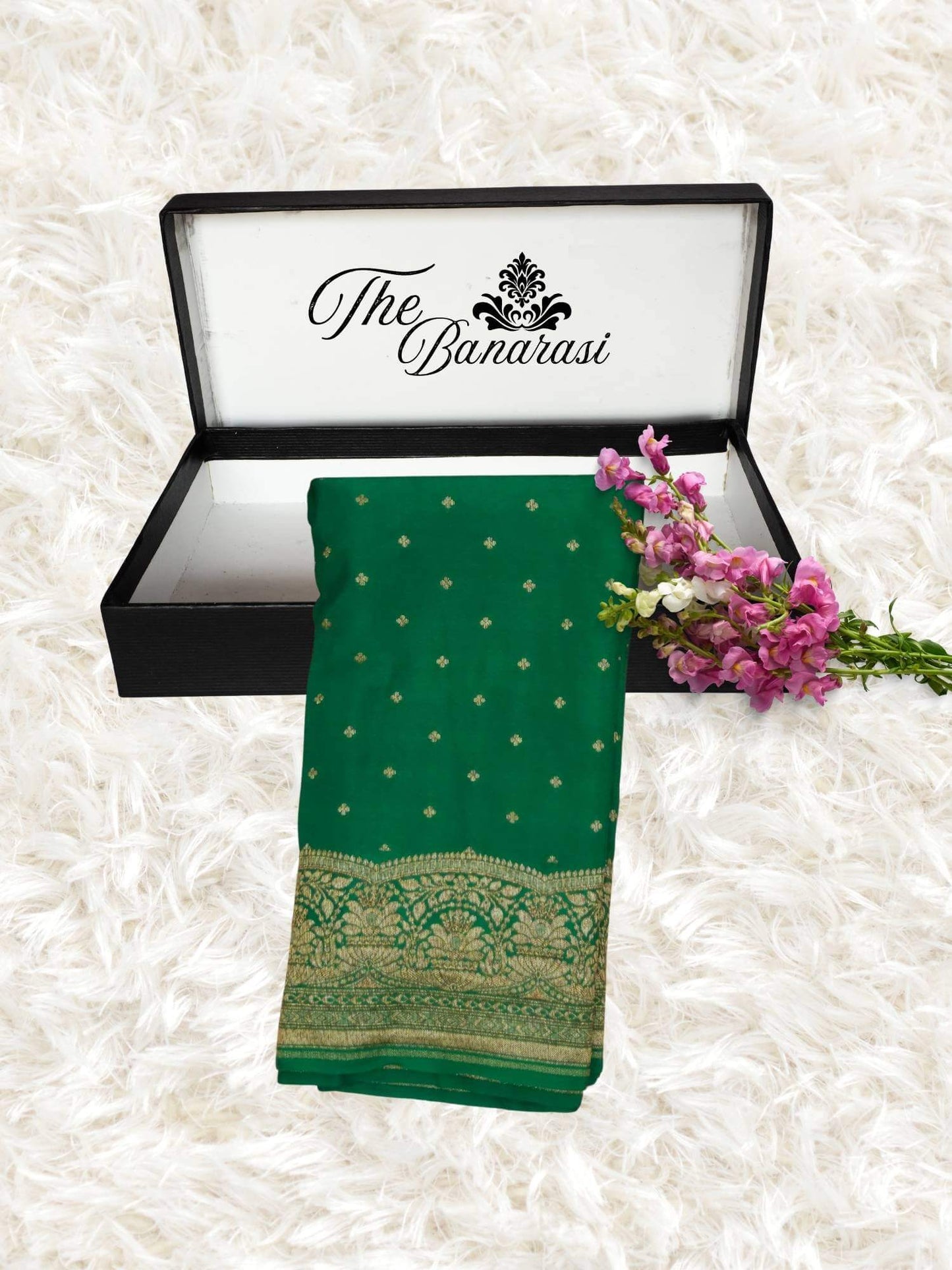 Forest Green Crep Georgette Handwoven Banarasi Saree with Antique Zari Work - Partial View