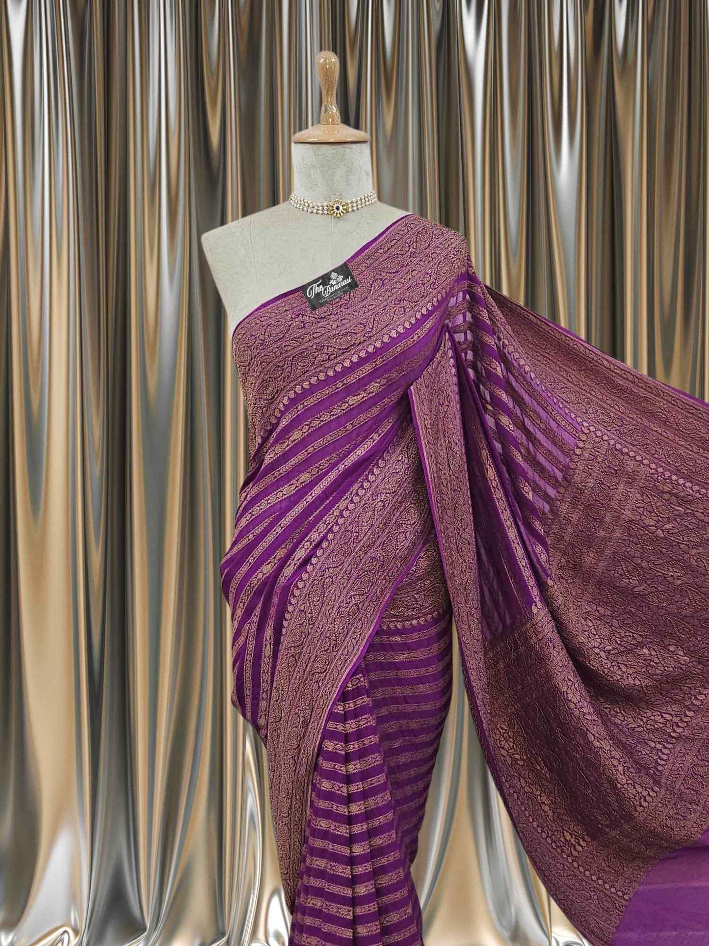 Close-up of Chinese Purple Khaddi Georgette Handwoven Banarasi Saree with Antique Zari Work