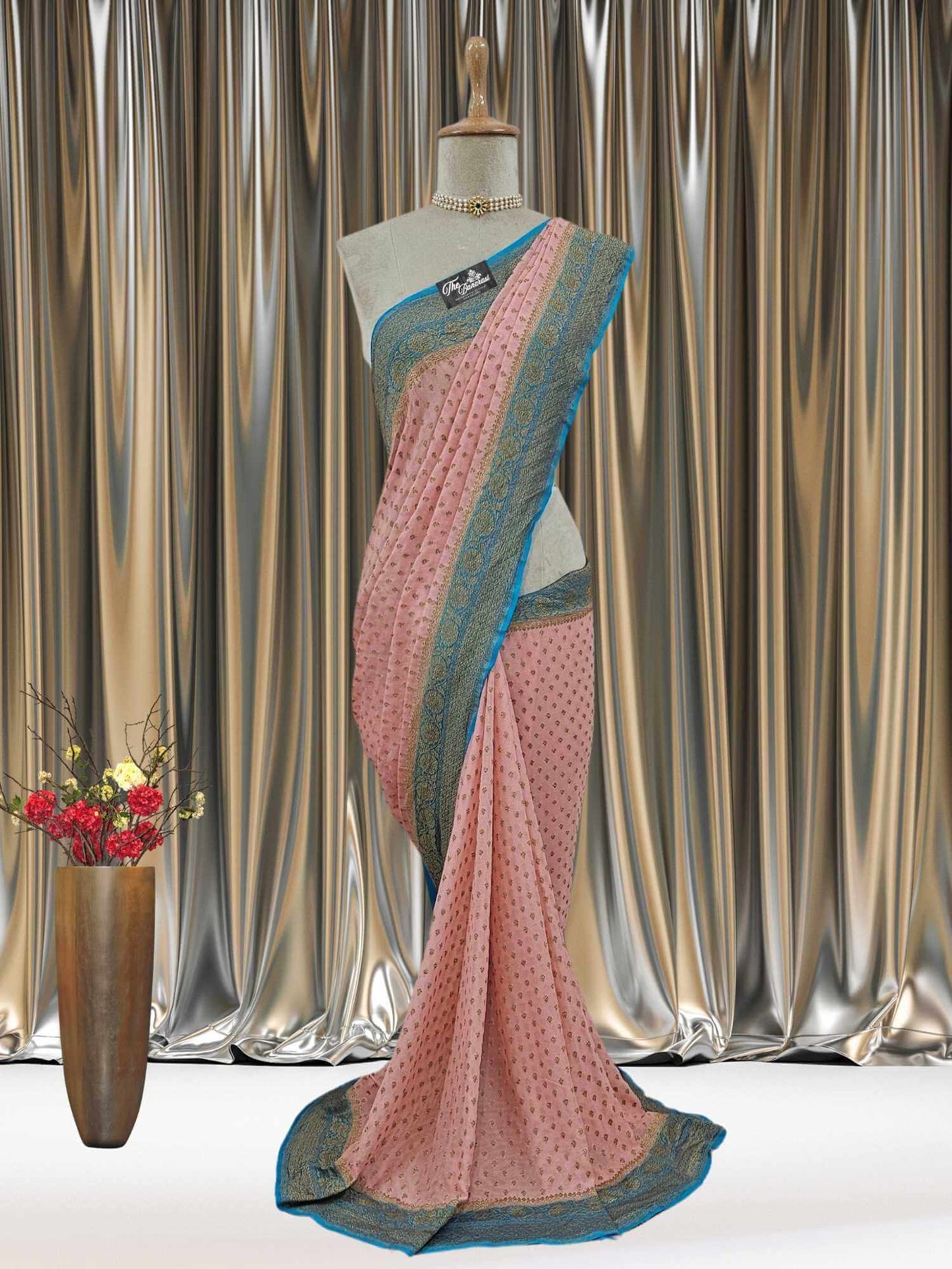 Mannequin wearing 2D Shades Khaddi Georgette Handwoven Banarasi Saree with Antique Zari Work - Full View