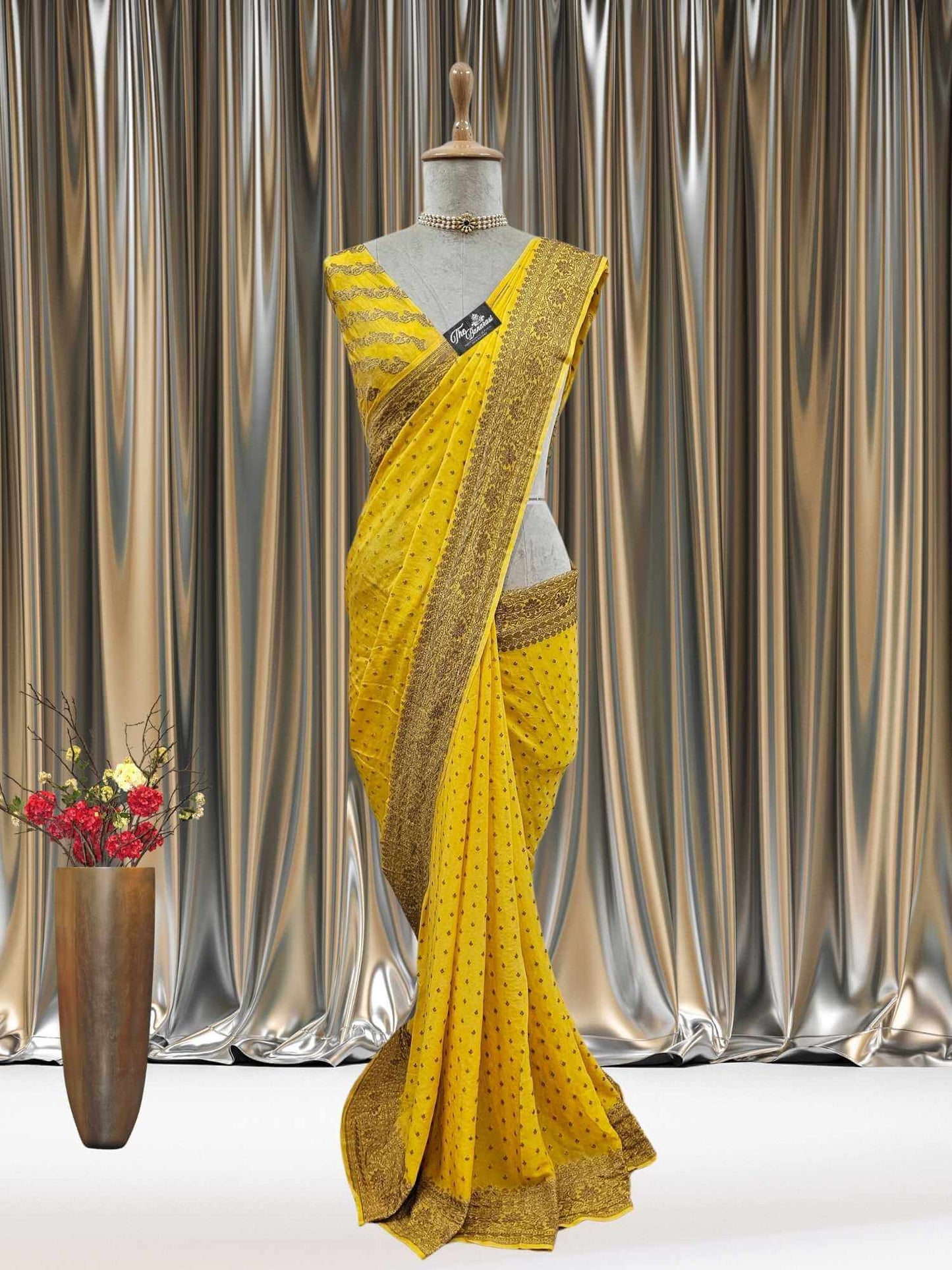 Mannequin wearing Yellow Crep Georgette Handwoven Banarasi Saree with Antique Zari Work - Full View