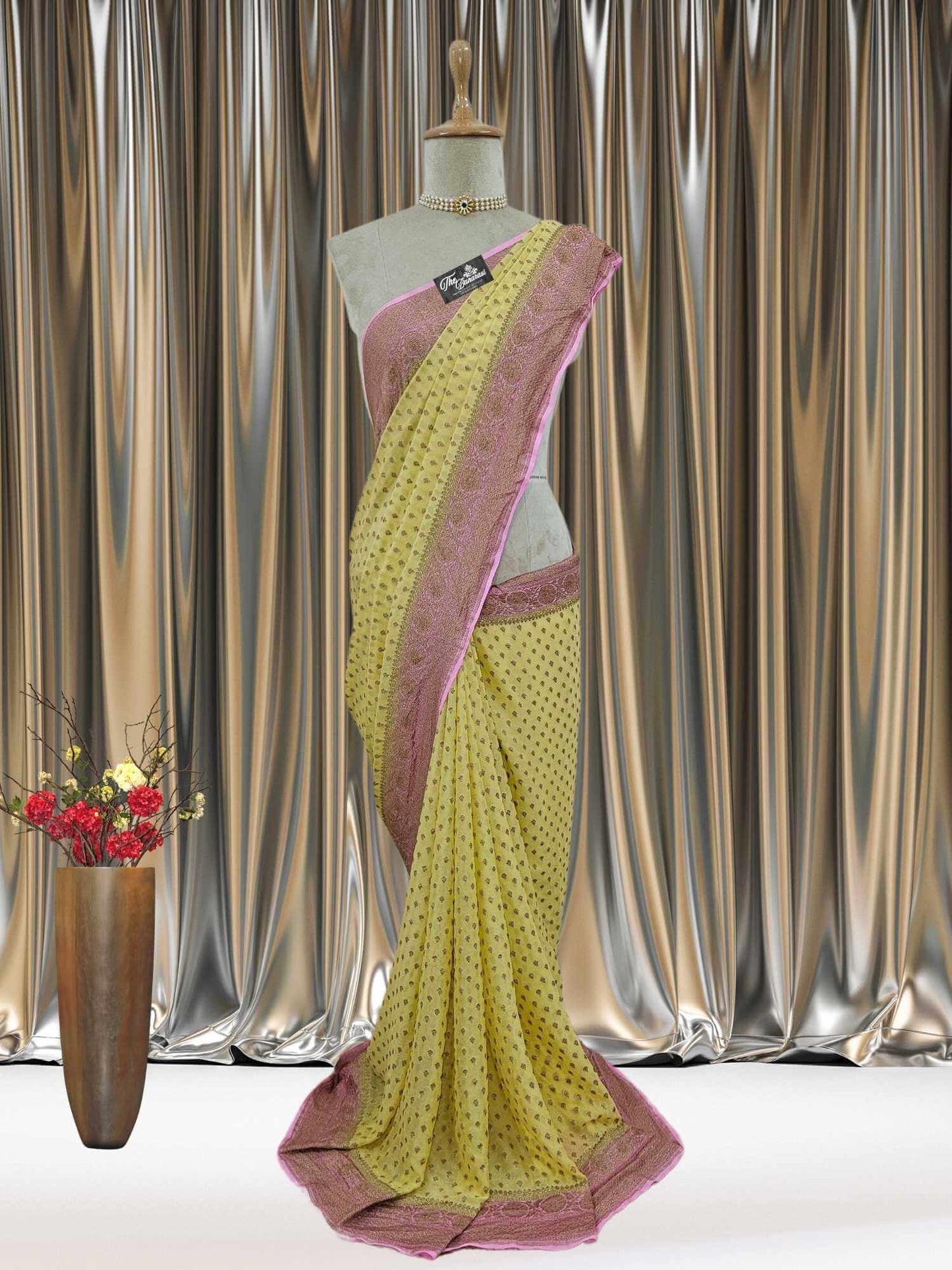 Mannequin wearing Two-Tone Color Khaddi Georgette Handwoven Banarasi Saree with Antique Zari Work - Full View