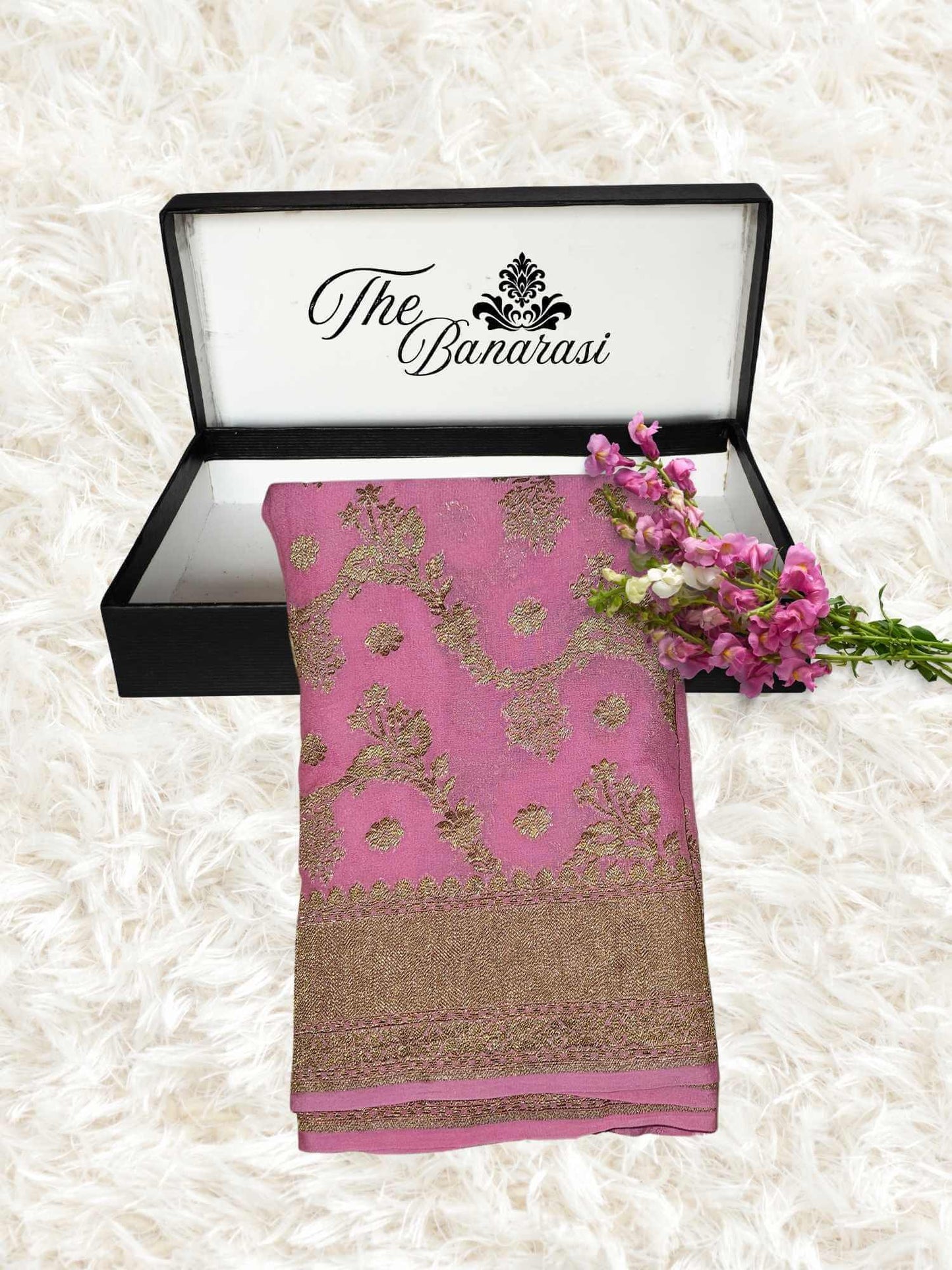 Rauge Pink Khaddi Georgette Handwoven Banarasi Saree with Antique Zari Work - Partial View