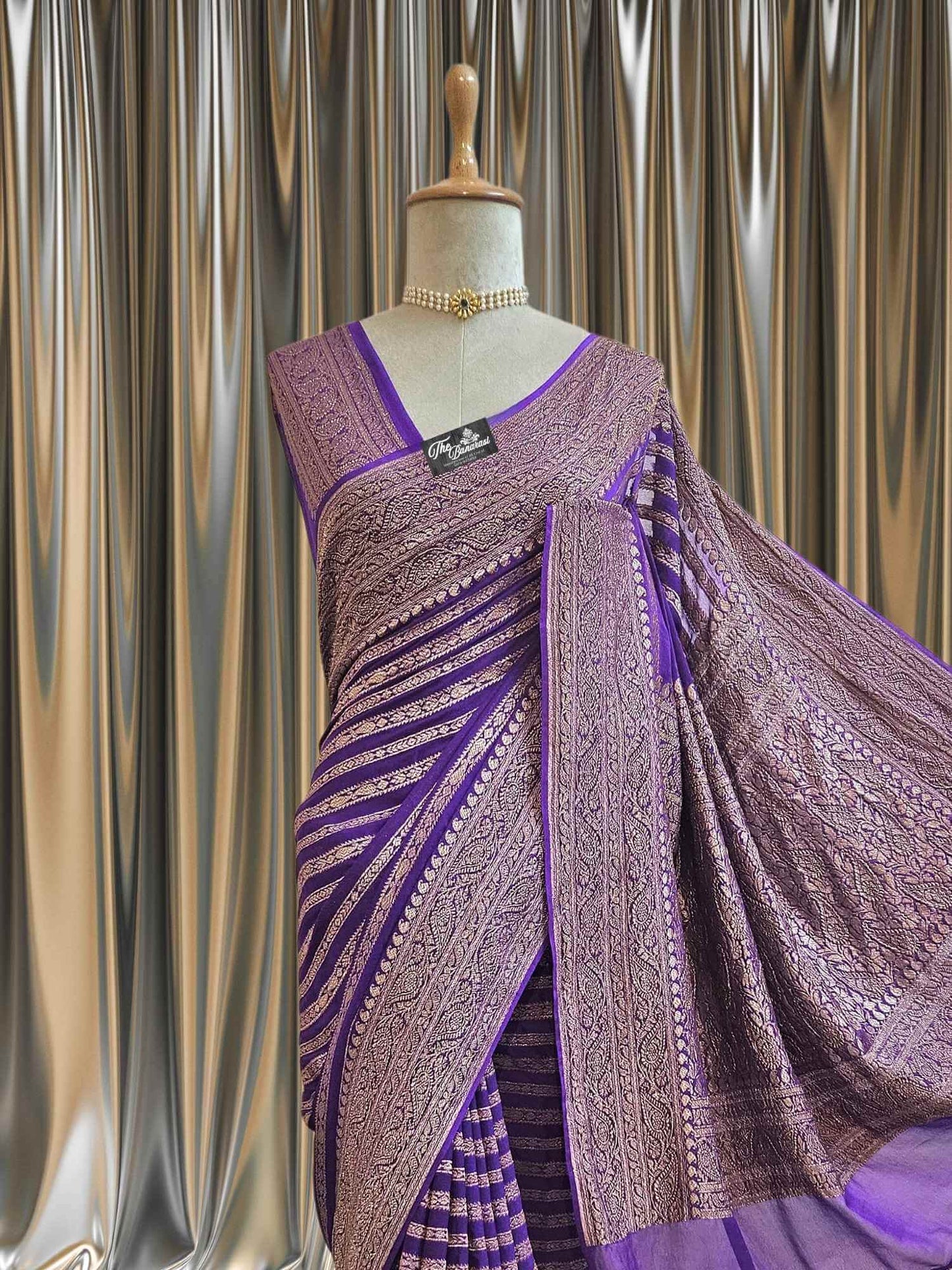 Close-up of Purple Khaddi Georgette Handwoven Banarasi Saree with Antique Zari Work