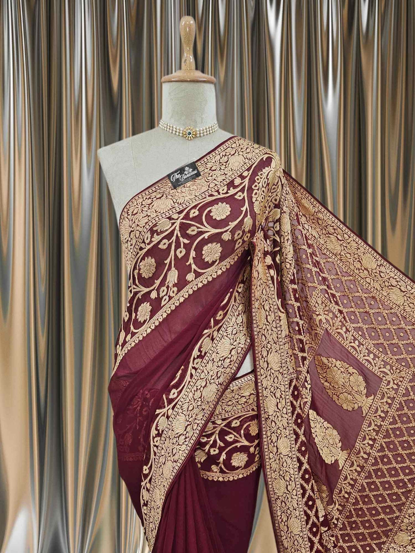 Close-up of Lightweight Dark Maroon Handloom Chiffon Banarasi Saree with Gold Zari Work