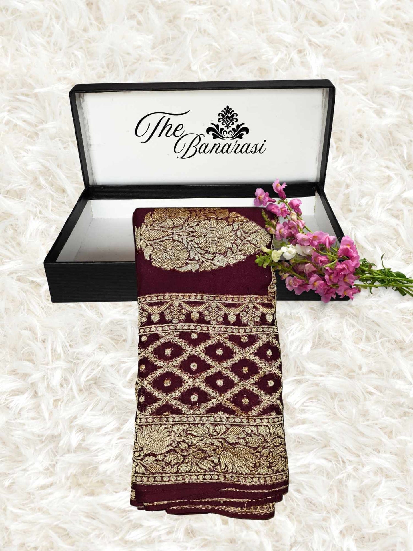 Lightweight Dark Maroon Handloom Chiffon Banarasi Saree with Gold Zari Work - Partial View