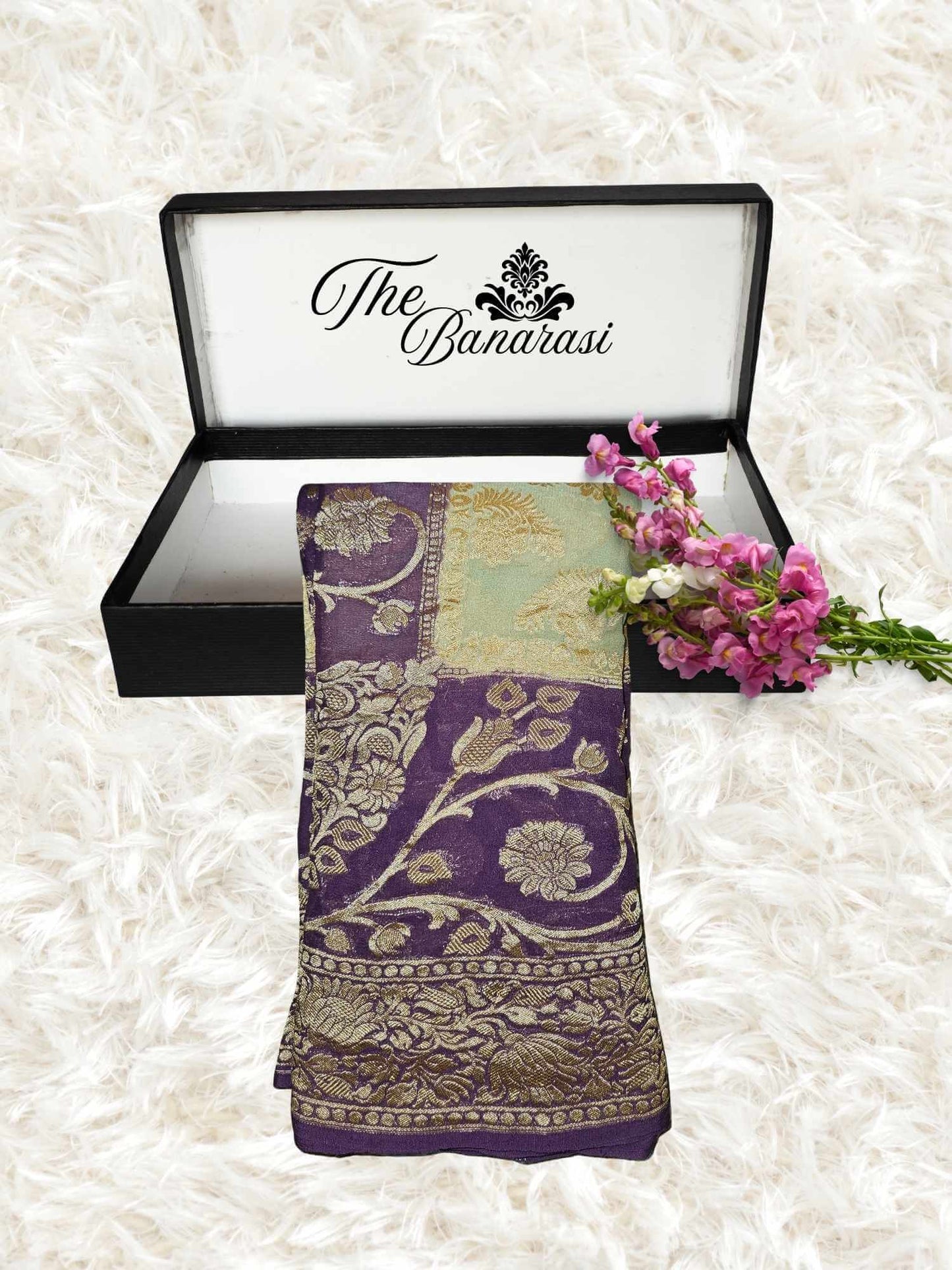 Lightweight Purple & Cream Color Handloom Chiffon Banarasi Saree with Gold Zari Work - Partial View