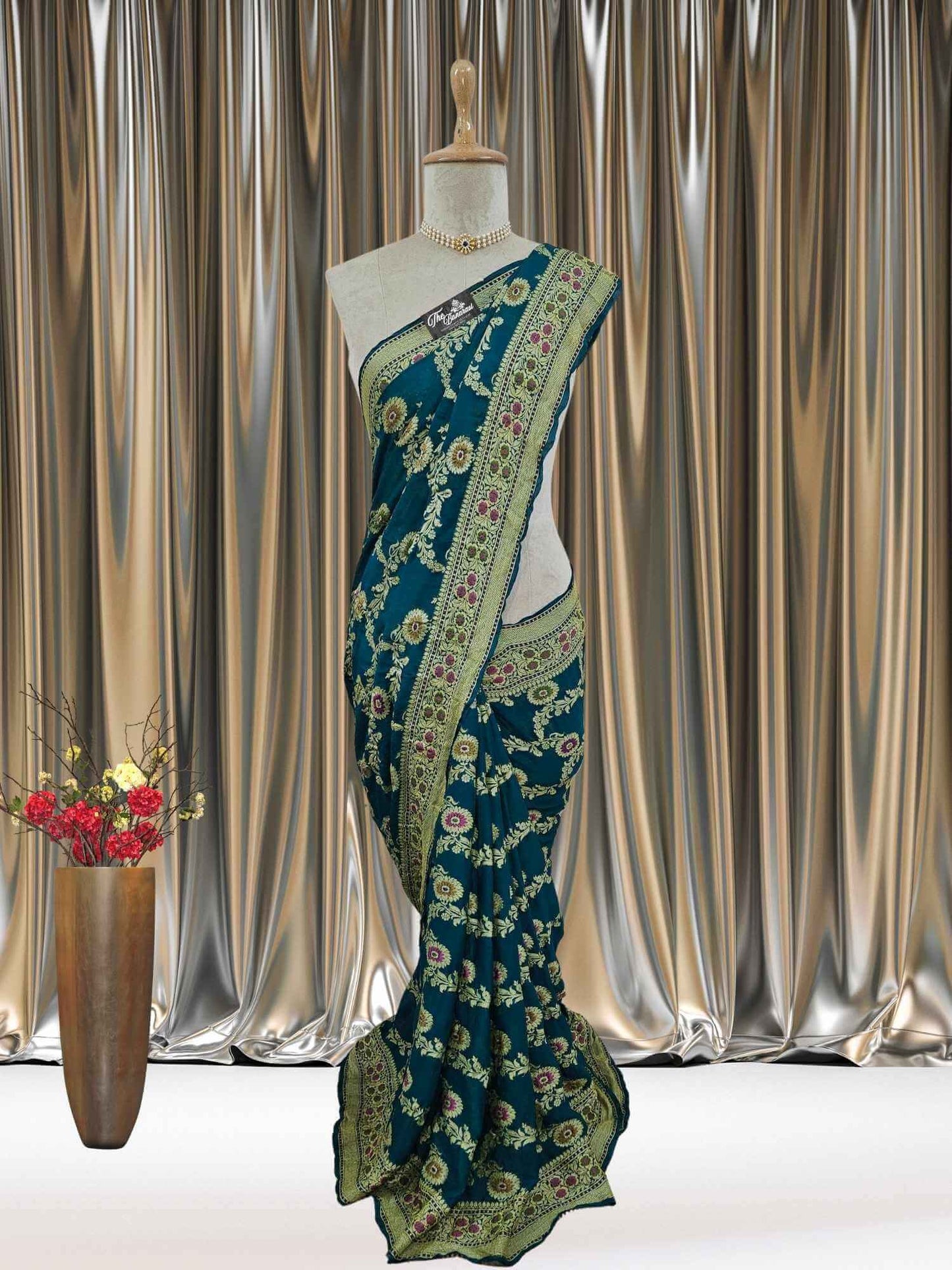 Mannequin wearing Lightweight Teal Handloom Chiffon Meenakari Banarasi Saree - Full View
