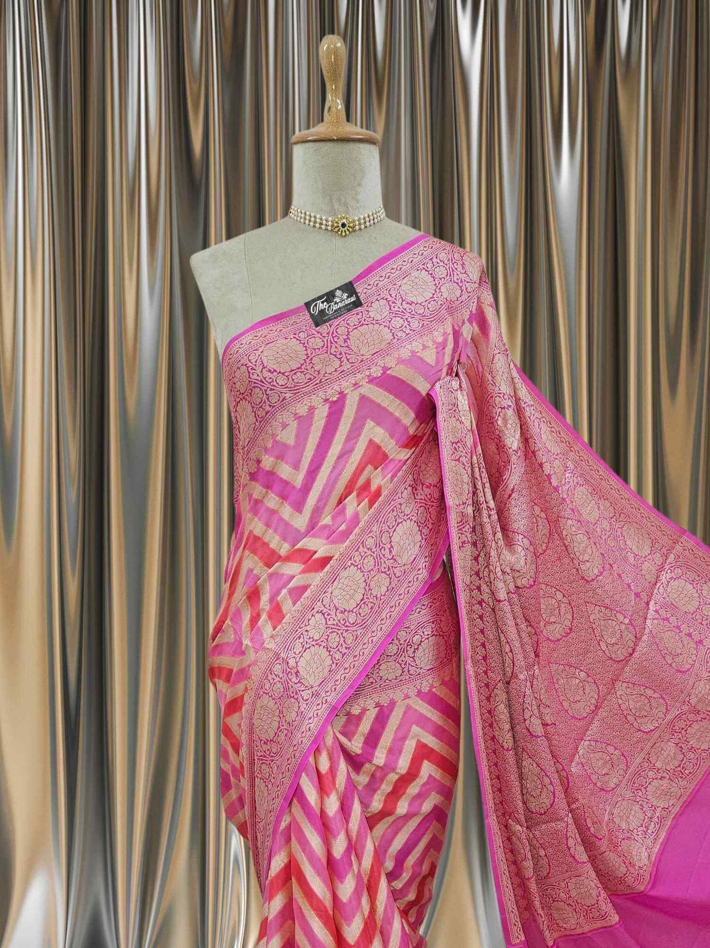 Close-up of Lightweight Multi Color Handloom Chiffon Banarasi Saree with Neem Zari Work
