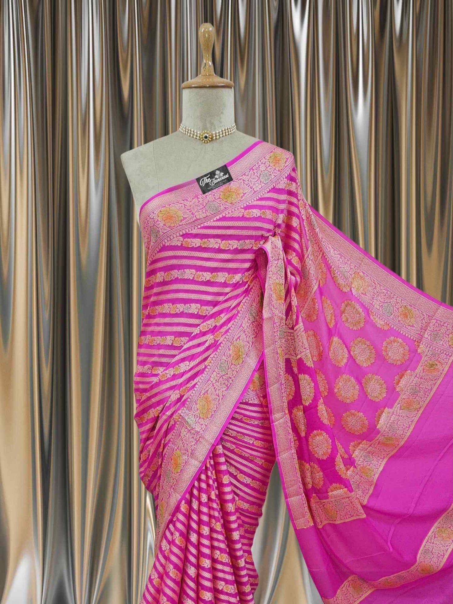 Bright Pink Pure Chiffon Banarasi Handloom Saree