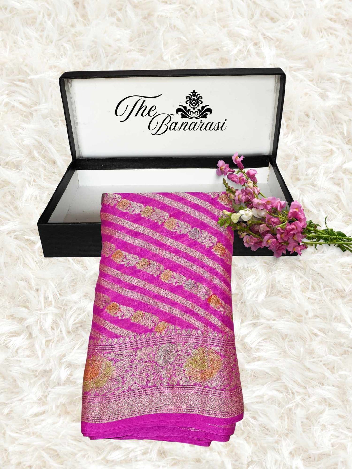 Bright Pink Pure Chiffon Banarasi Handloom Saree