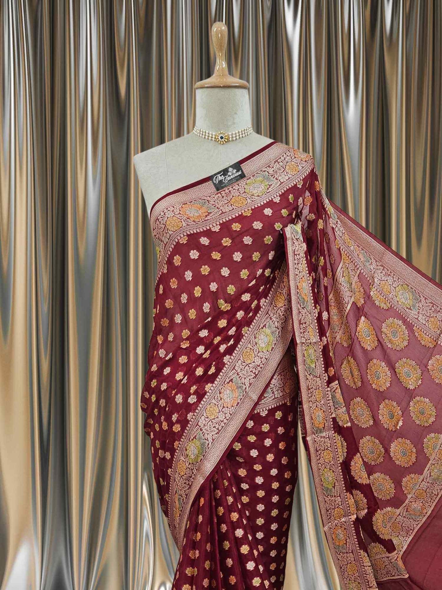 Close-up of Lightweight Deep Maroon Handloom Chiffon Banarasi Saree with Gold Zari Work
