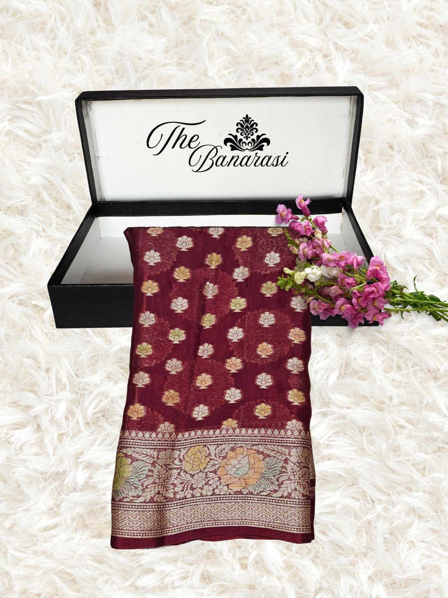 Lightweight Deep Maroon Handloom Chiffon Banarasi Saree with Gold Zari Work - Partial View