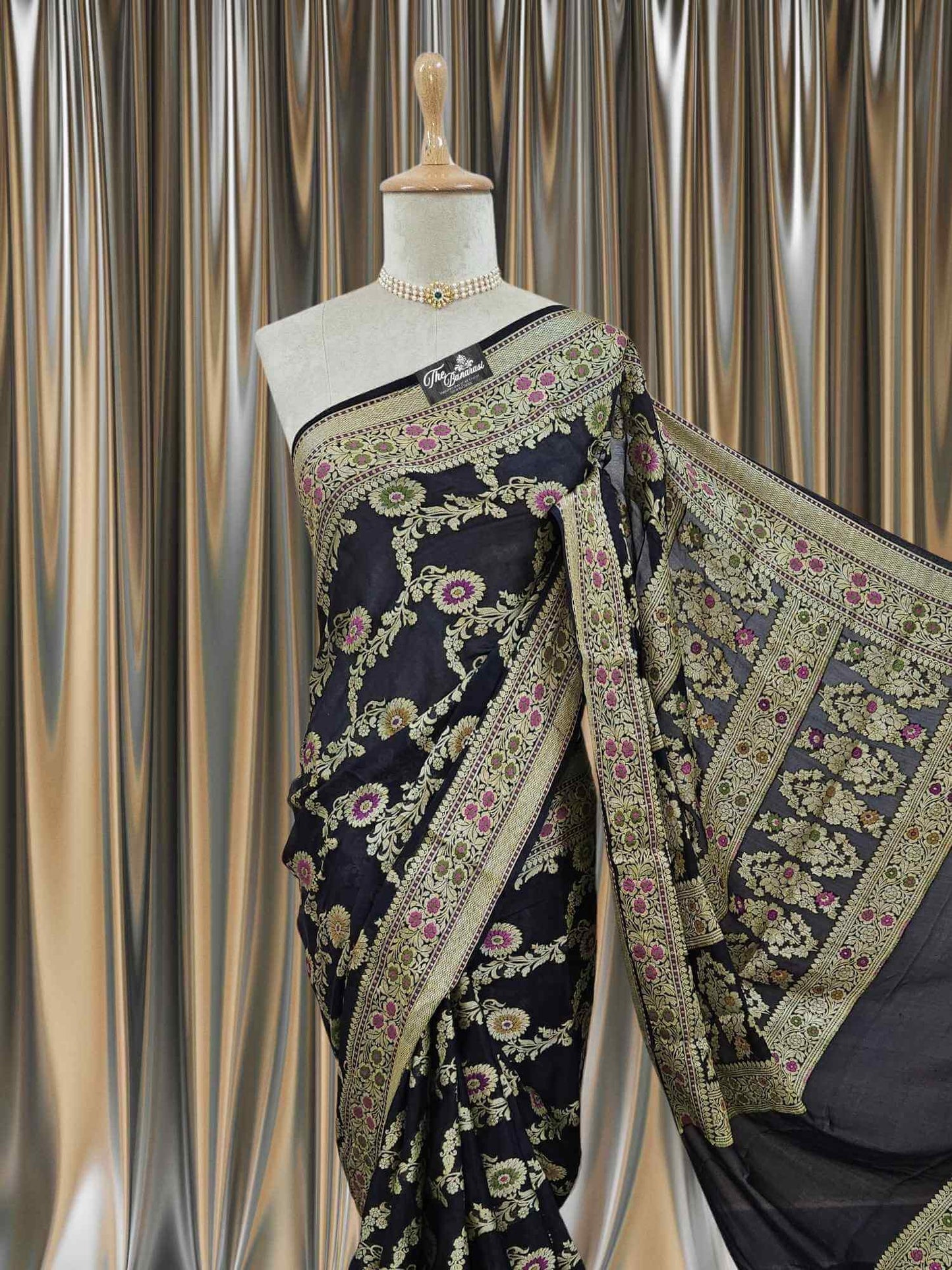 Close-up of Lightweight Black Handloom Chiffon Meenakari Banarasi Saree