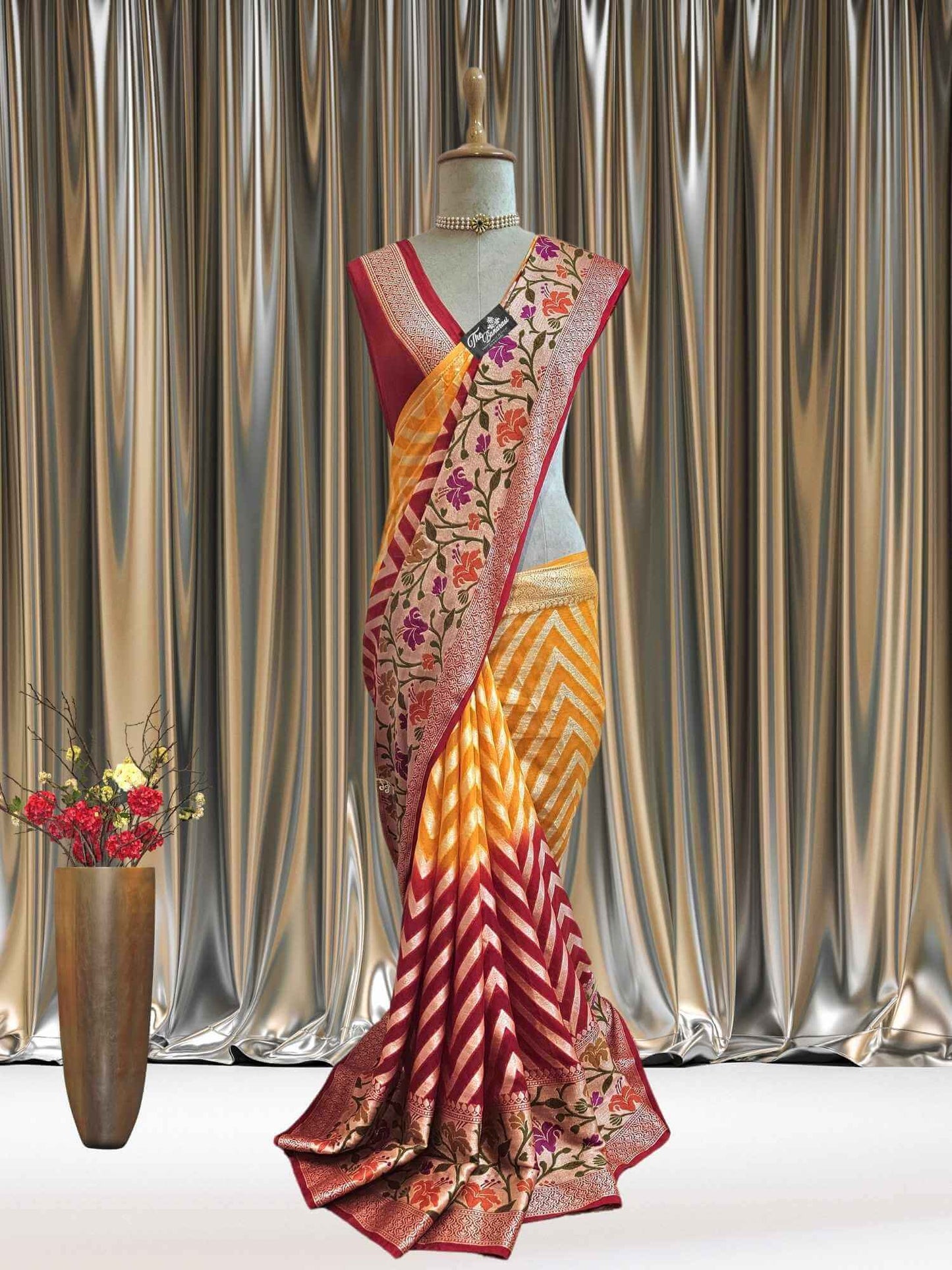 Mannequin wearing Lightweight Dual Shade Handloom Chiffon Banarasi Saree with Neem Zari Work - Full View