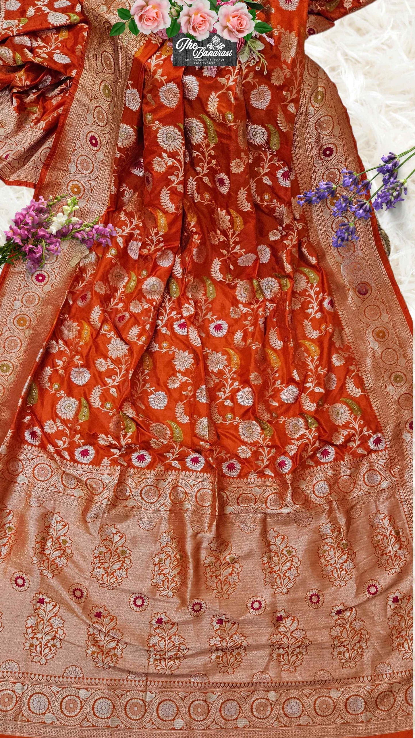 Orange Katan Silk Handwoven Banarasi Saree with Meenakari Design - Full View