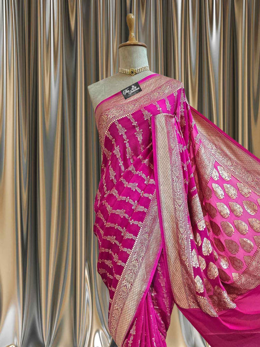 Close-up of Rani Pink Khaddi Georgette Handwoven Banarasi Saree with Water Zari Work