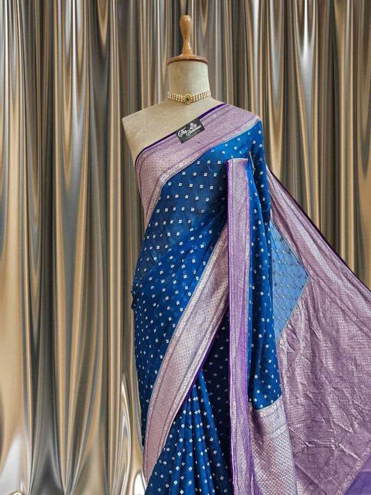 Close-up of Royal Blue Khaddi Georgette Handwoven Banarasi Saree with Water Zari Work