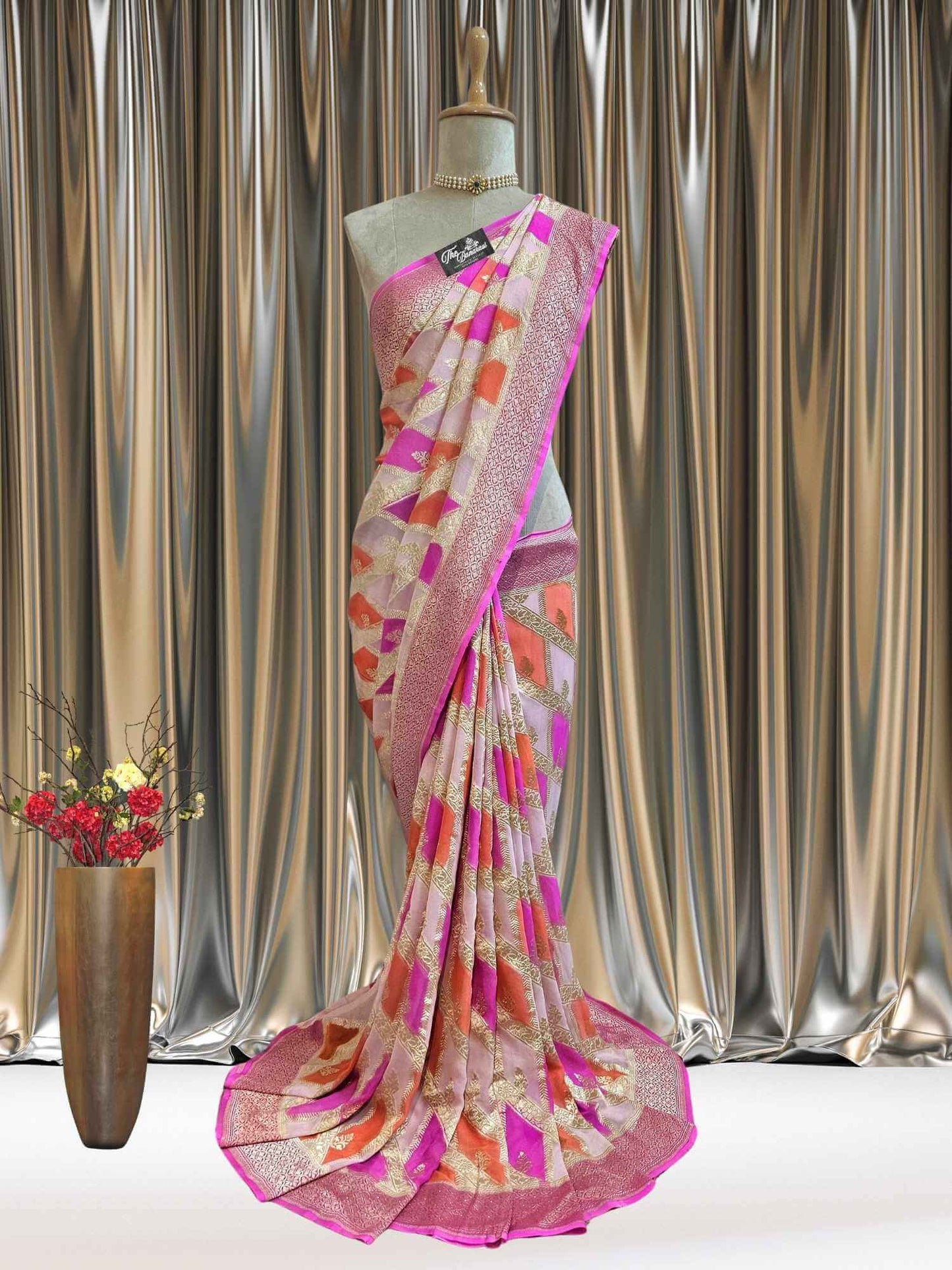 Multi Color Khaddi Georgette Water Zari Banarasi Handloom Saree