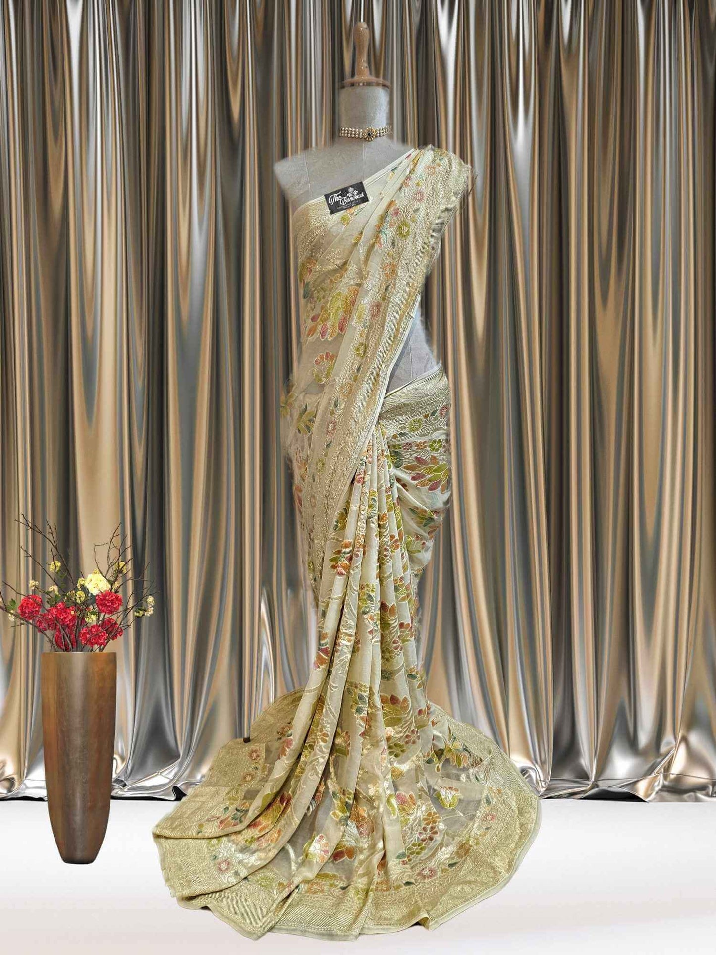 Cream Color Khaddi Georgette Water Zari Banarasi Handloom Saree